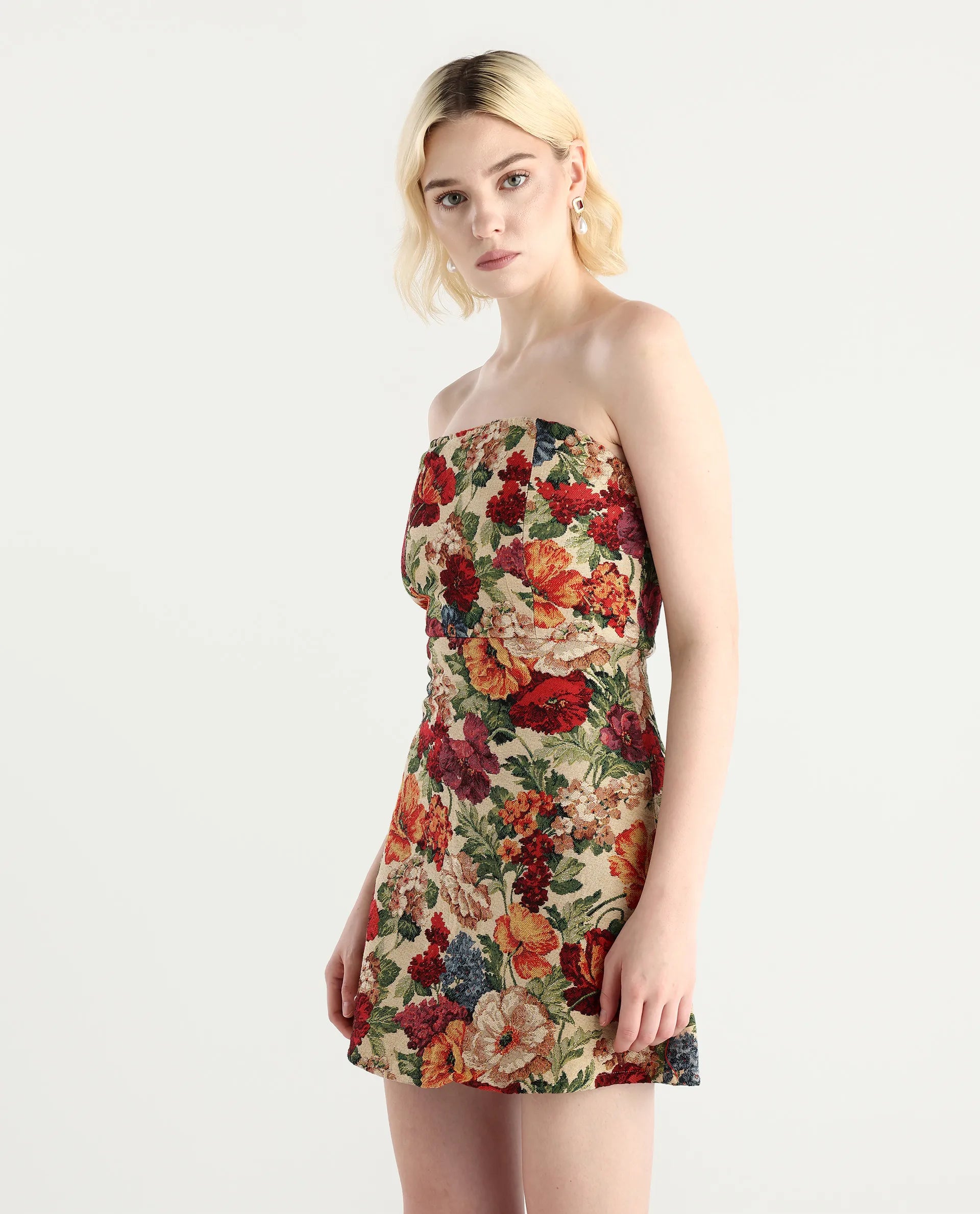 Rareism Women's Yolor - Multi Polyester Blend Tube Neck Jacquard Sleeveless Mini Fit And Flare Dress