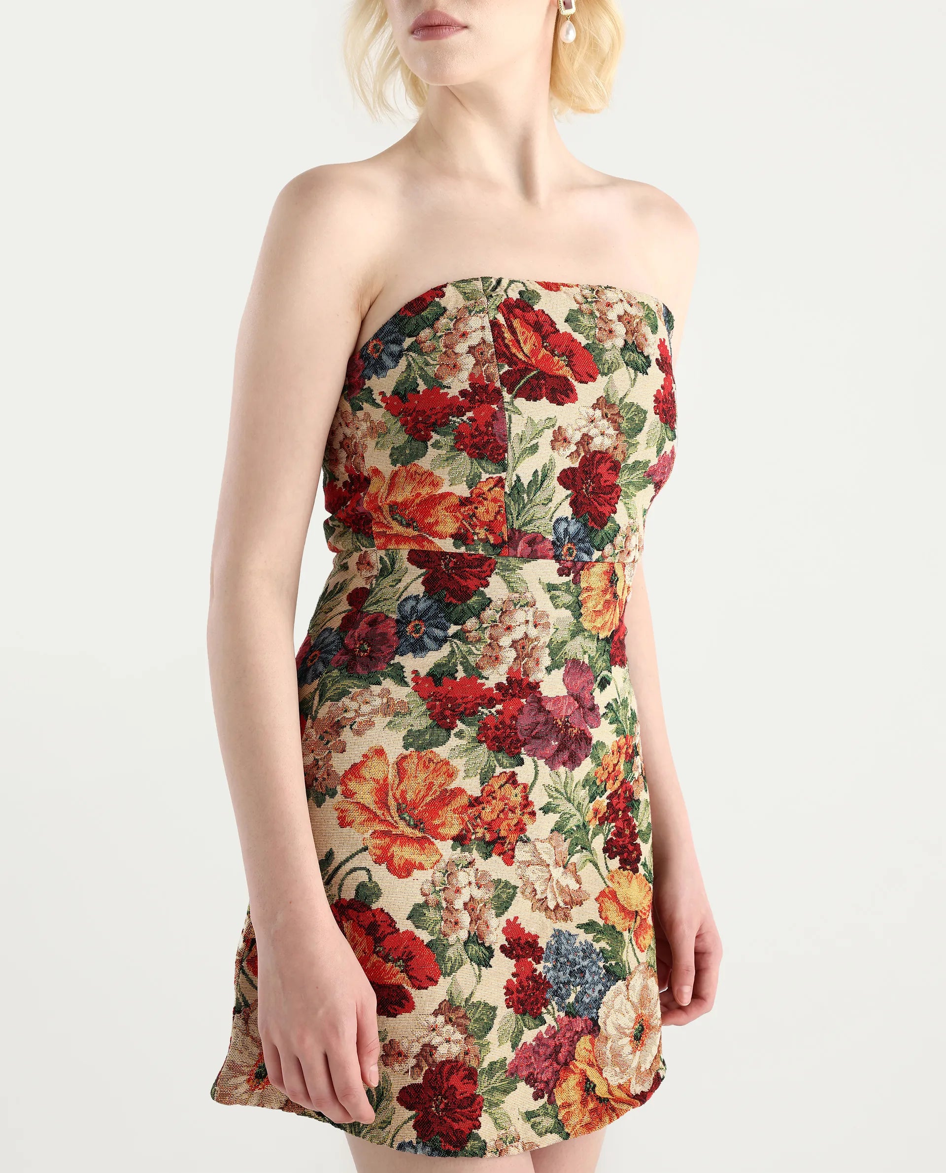 Rareism Women's Yolor - Multi Polyester Blend Tube Neck Jacquard Sleeveless Mini Fit And Flare Dress