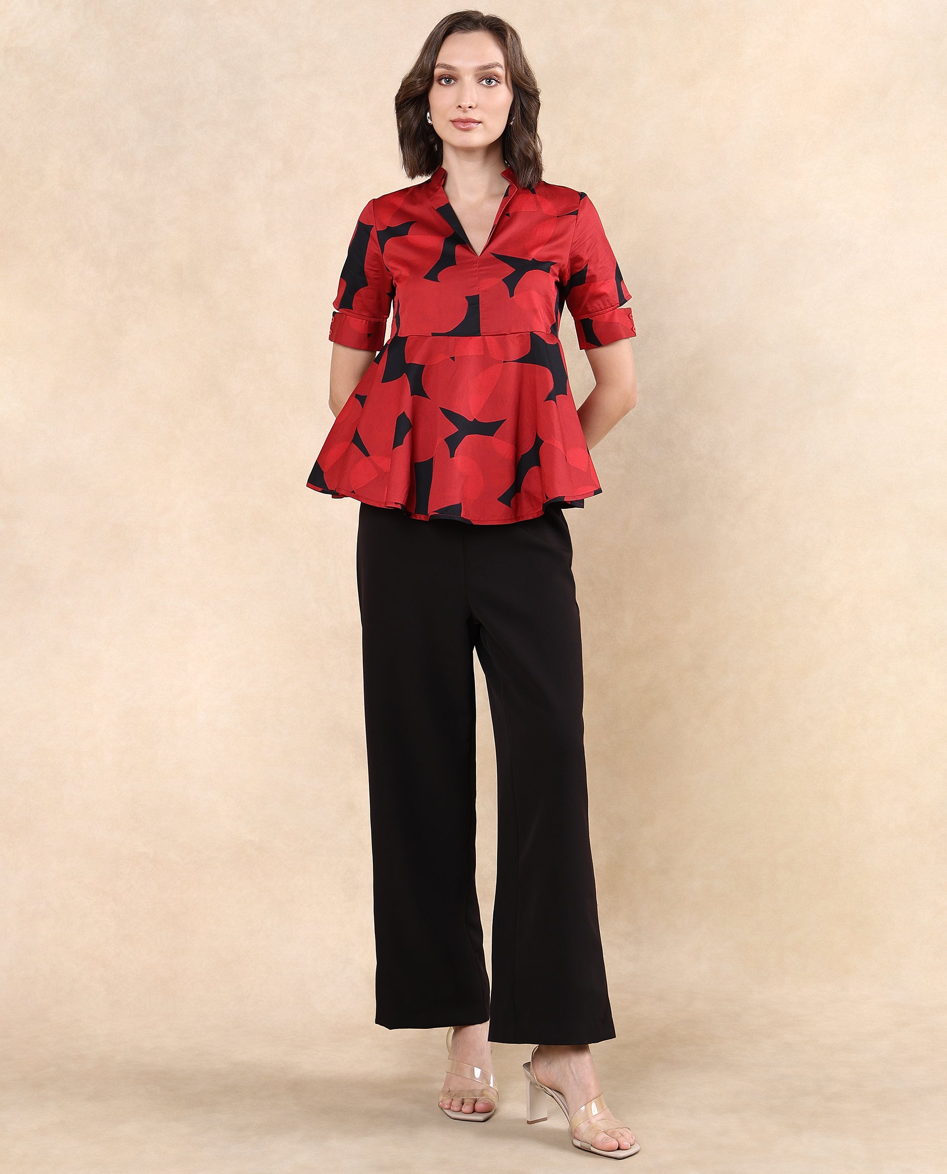 Rareism Women Yoplopi Black Cotton Satin Fabric Cutout Sleeve Lapel Neck A-Line Fit Abstract Print Top