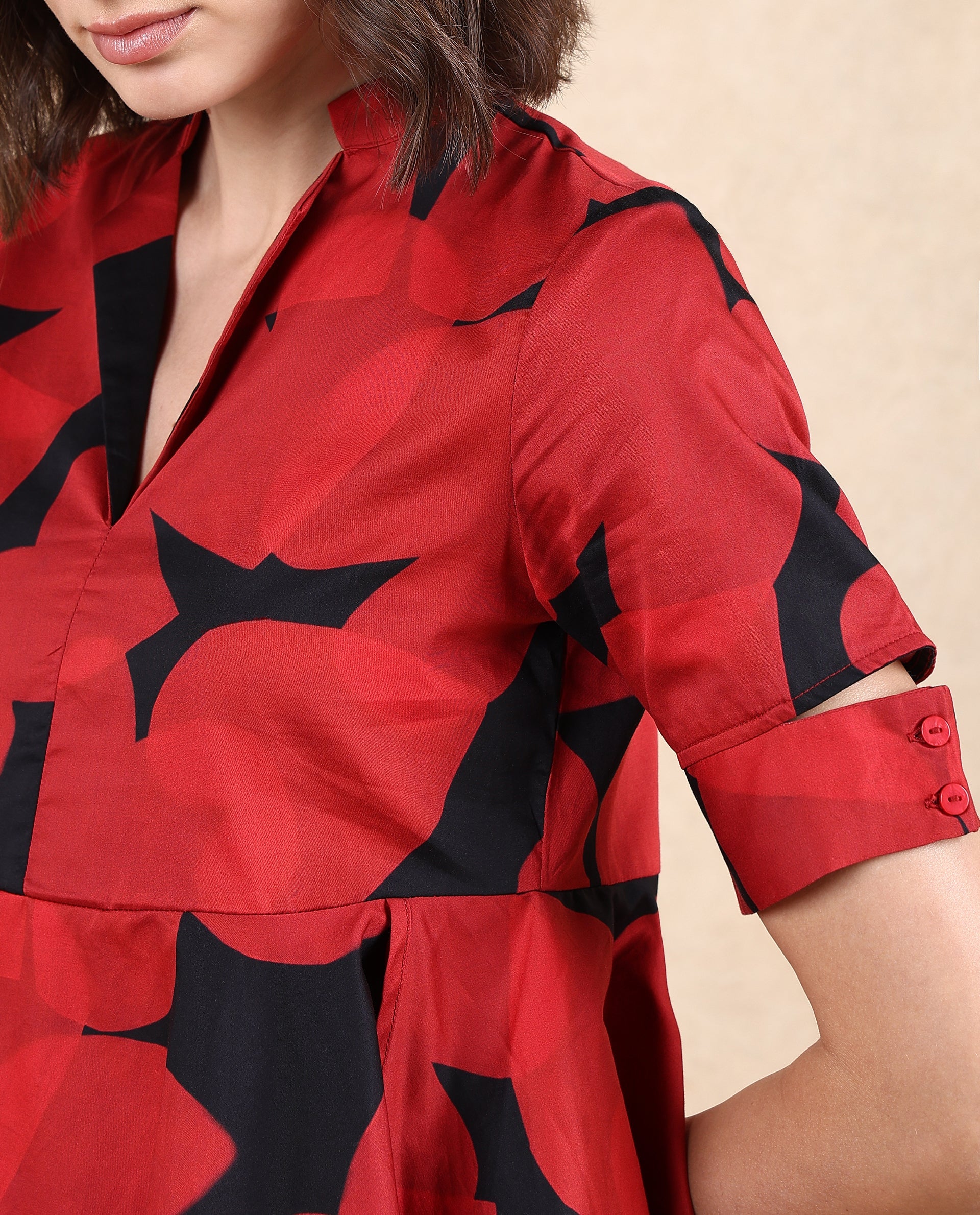 Rareism Women Yoplopi Black Cotton Satin Fabric Cutout Sleeve Lapel Neck A-Line Fit Abstract Print Top