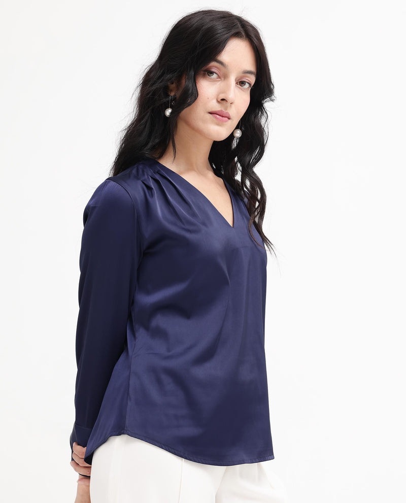 Rareism Women Yuhay Navy Polyester Fabric Regular Sleeves V-Neck Solid Regular Length Top