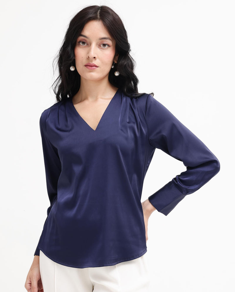 Rareism Women Yuhay Navy Polyester Fabric Regular Sleeves V-Neck Solid Regular Length Top