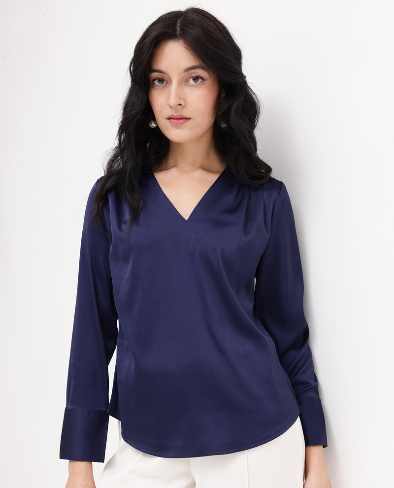 Rareism Women Yuhay Navy Polyester Fabric Regular Sleeves V-Neck Solid Regular Length Top