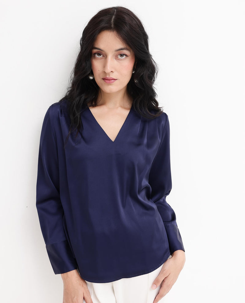 Rareism Women Yuhay Navy Polyester Fabric Regular Sleeves V-Neck Solid Regular Length Top