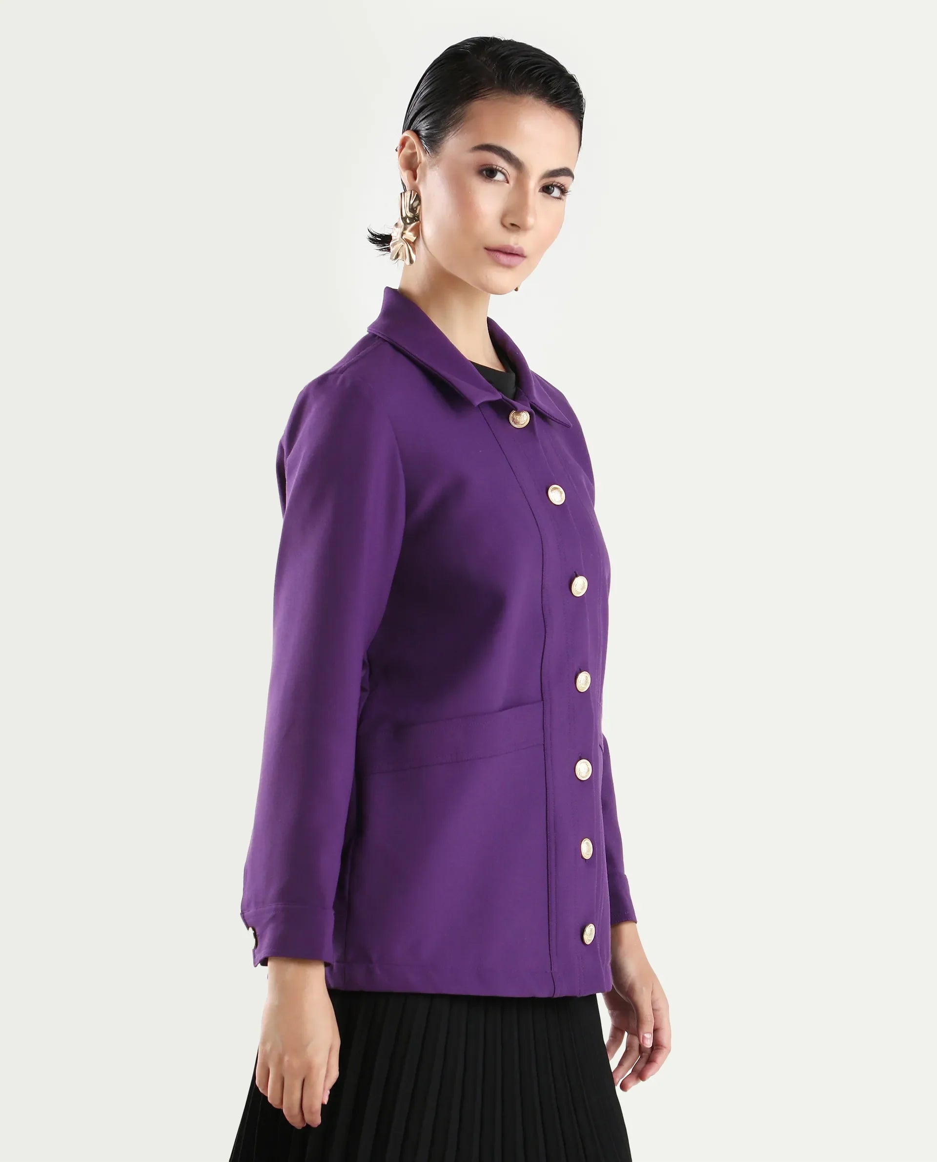 Rareism Women's Yeppon Purple Spread Collar Plain Cuffed Sleeve Hip Length Boxy Fit Jacket