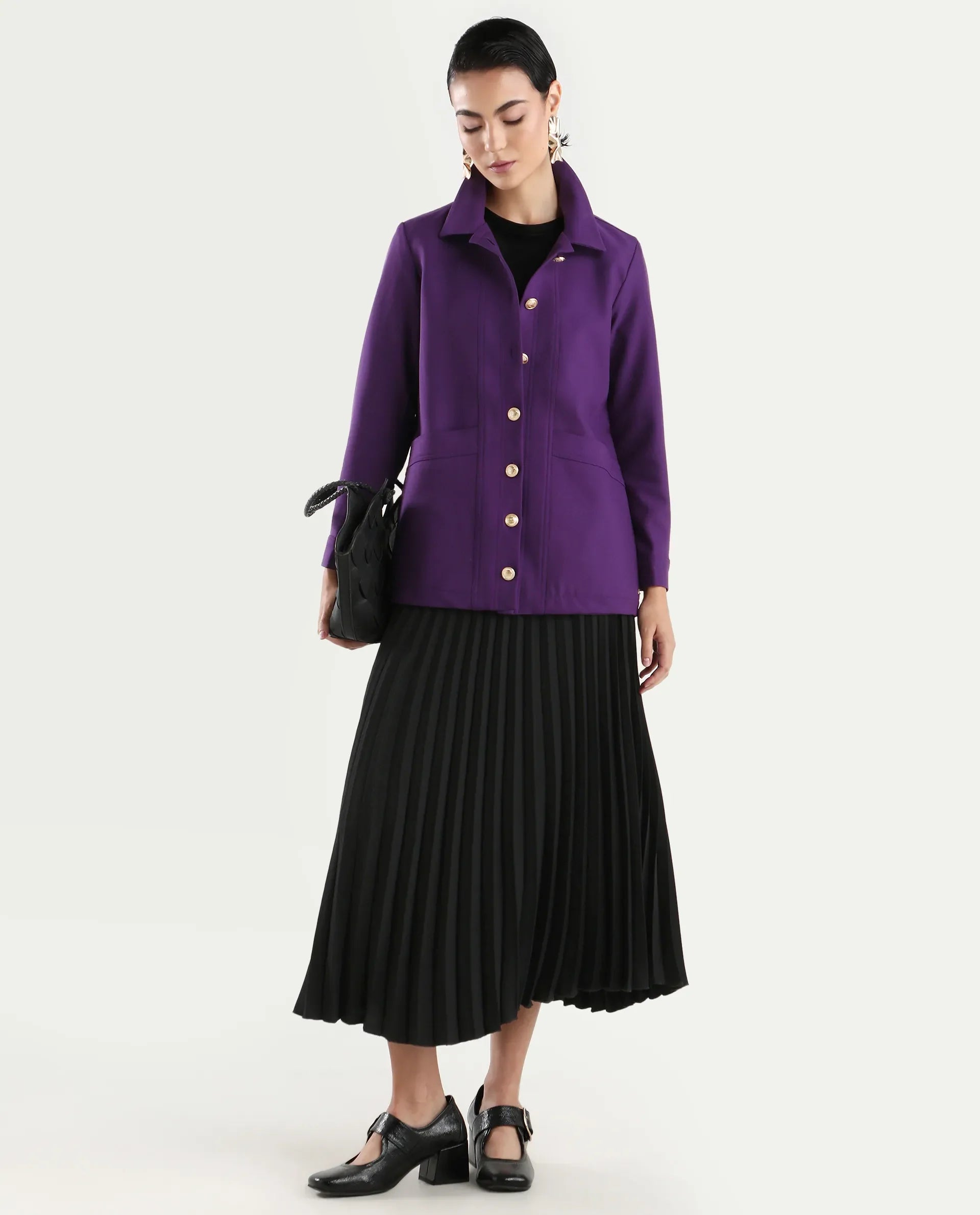 Rareism Women's Yeppon Purple Spread Collar Plain Cuffed Sleeve Hip Length Boxy Fit Jacket