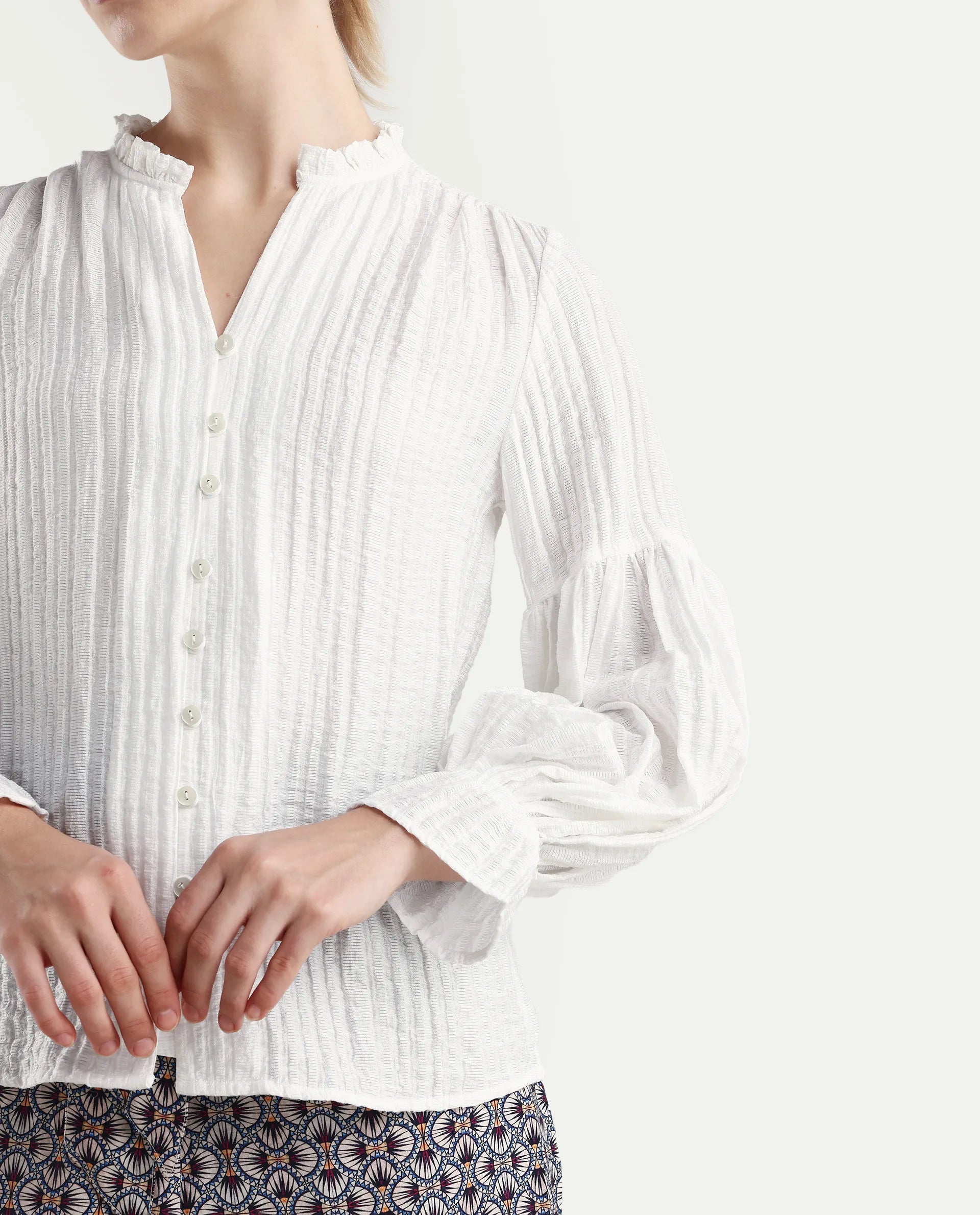 Rareism Women's Cotton Blend V-Neck Plain Lantern Sleeve Regular Fit Top