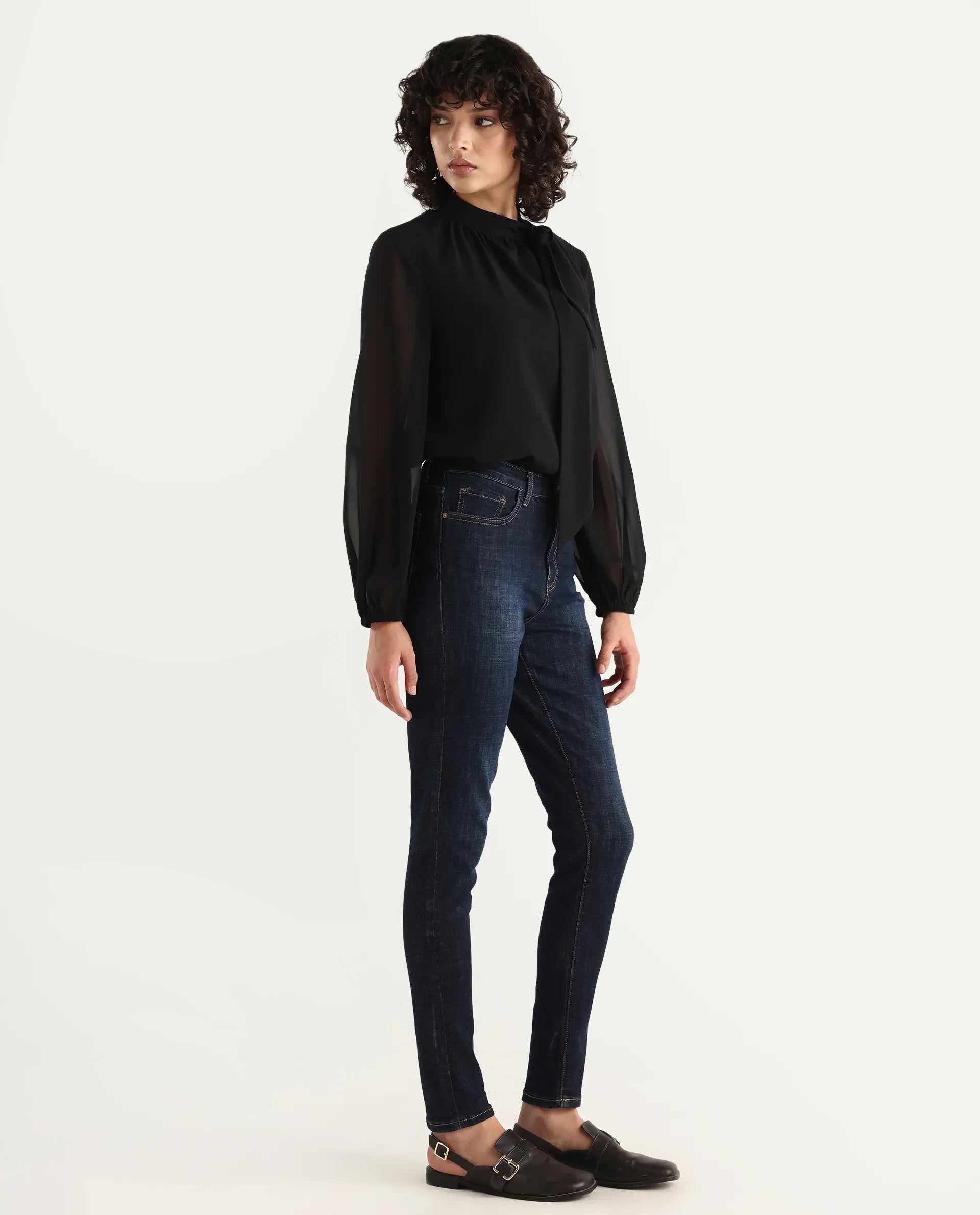 Rareism Women's Zaisho Dark Blue Cotton Blend Plain Ankle Length Sleek Skinny Fit Jeans