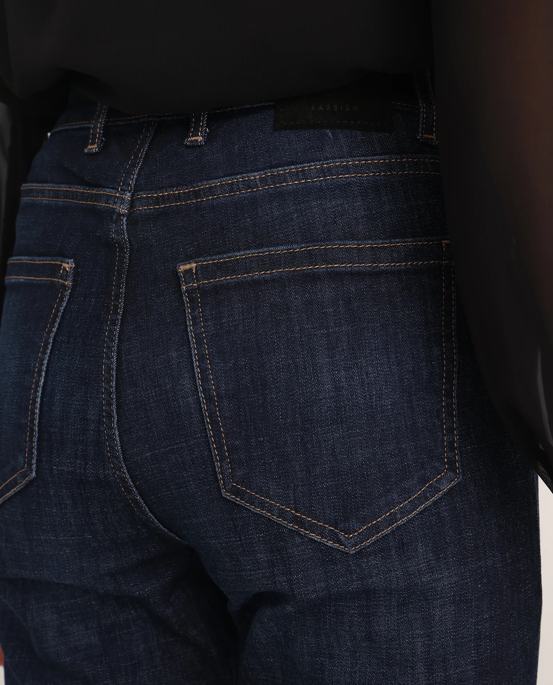 Rareism Women's Zaisho Dark Blue Cotton Blend Plain Ankle Length Sleek Skinny Fit Jeans