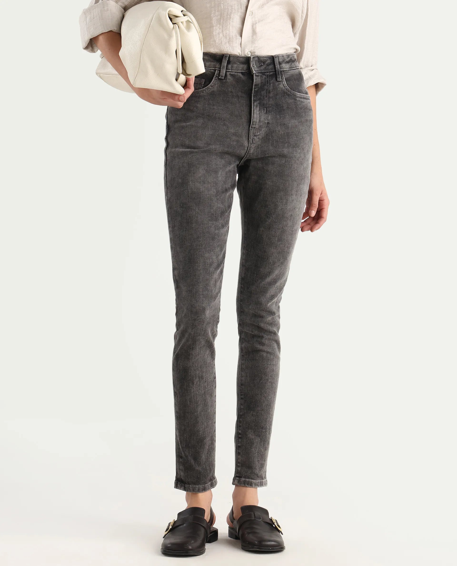 Rareism Women's Zaisho Grey Cotton Blend Plain Ankle Length Sleek Skinny Fit Jeans