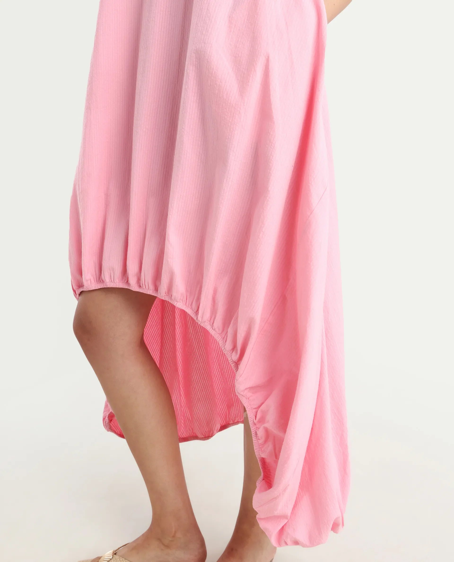 Rareism Women's Zakura Dusky Pink Cotton Crew Neck Striped Sleeveless Maxi Balloon Dress