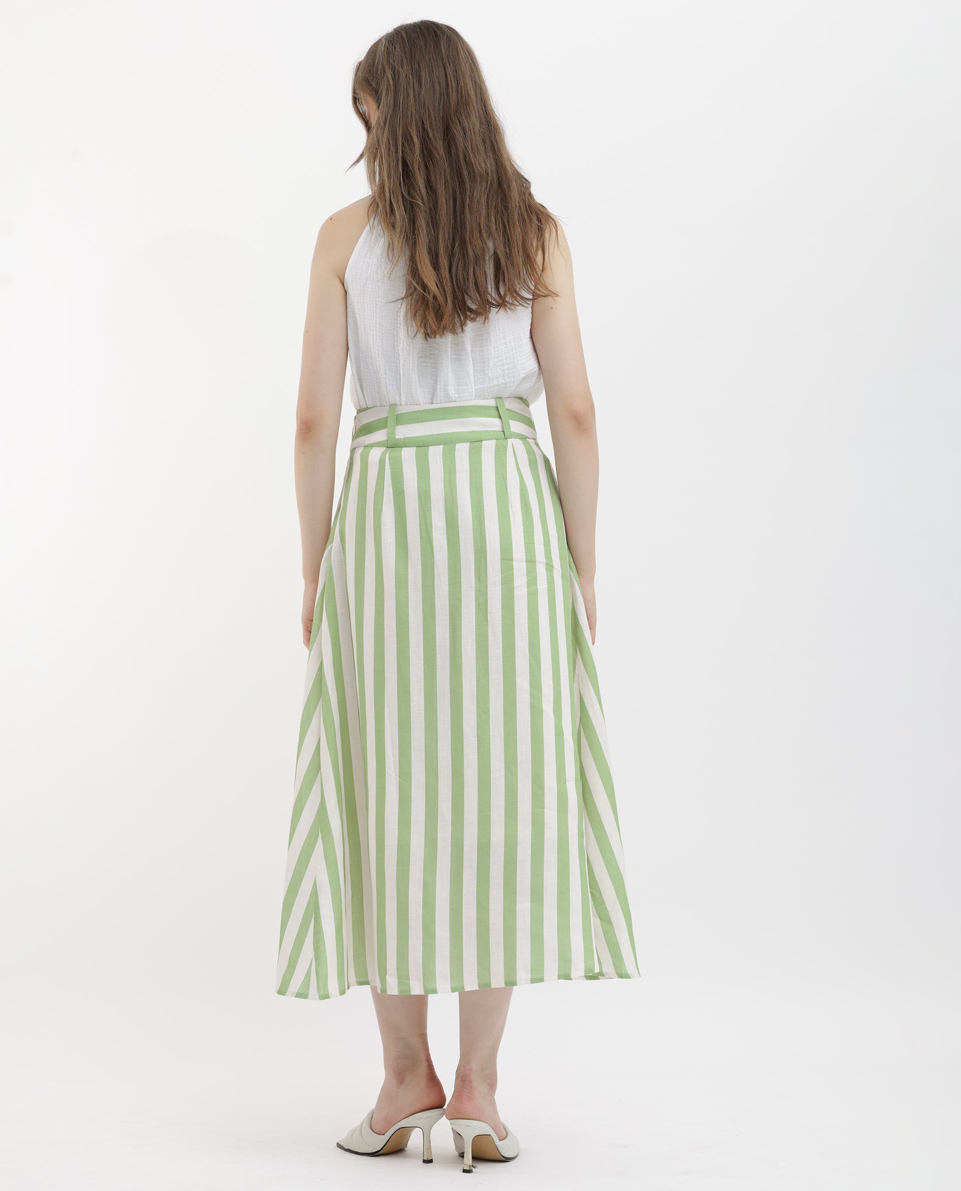 Rareism Women's Zame-B Off White Linen Striped Midi A-Line Skirt