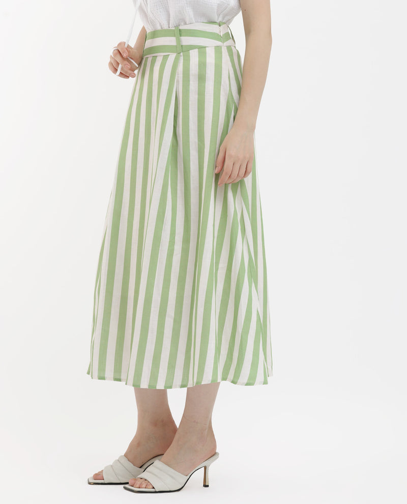 Rareism Women Zame-B Off White Cotton Linen Fabric Zip Closure Regular Fit Striped Midi Skirt