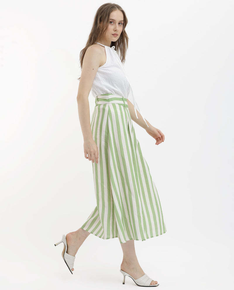 Rareism Women Zame-B Off White Cotton Linen Fabric Zip Closure Regular Fit Striped Midi Skirt