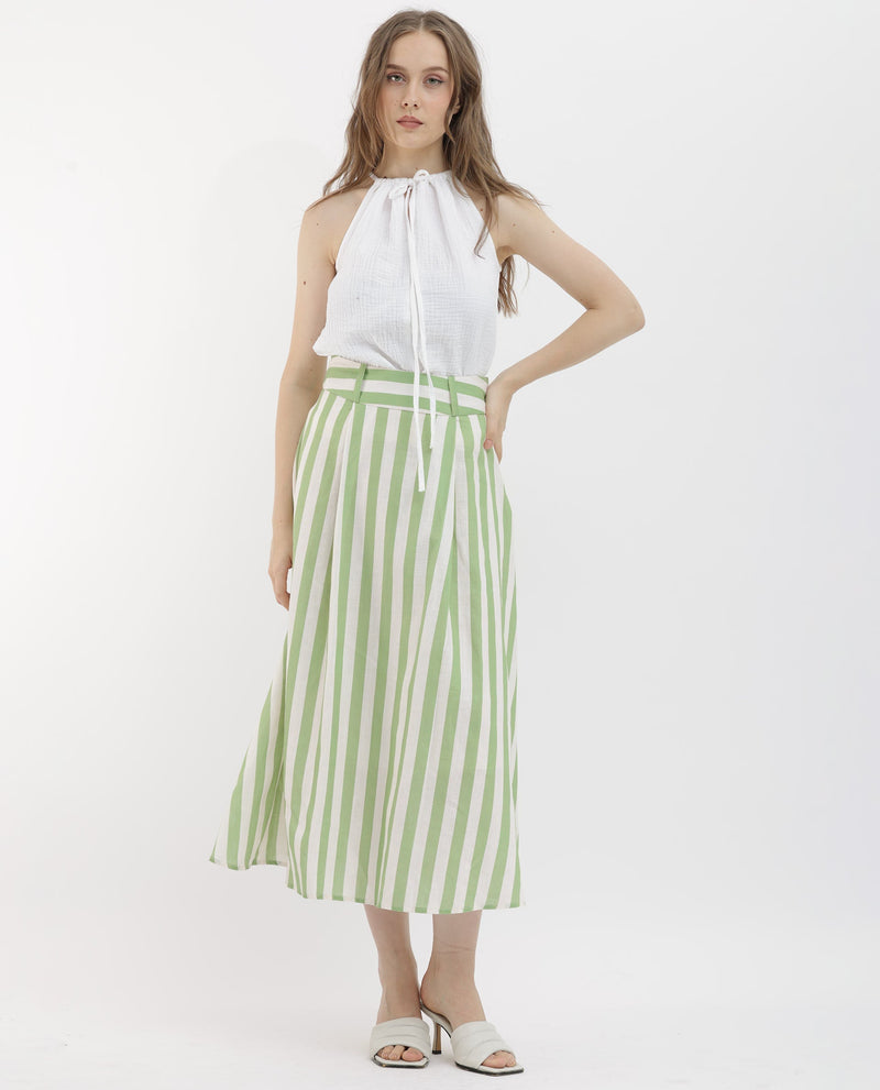 Rareism Women Zame-B Off White Cotton Linen Fabric Zip Closure Regular Fit Striped Midi Skirt