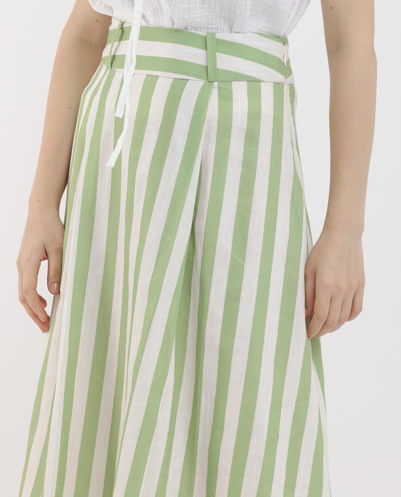 Rareism Women Zame-B Off White Cotton Linen Fabric Zip Closure Regular Fit Striped Midi Skirt