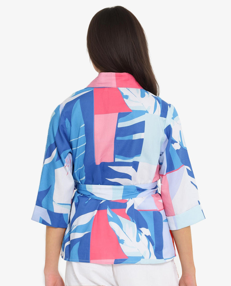 Rareism Women Zamo Blue 3/4Th Sleeve Over Lap Neck Abstract Print Top