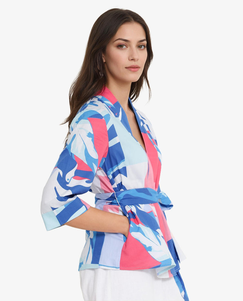 Rareism Women Zamo Blue 3/4Th Sleeve Over Lap Neck Abstract Print Top