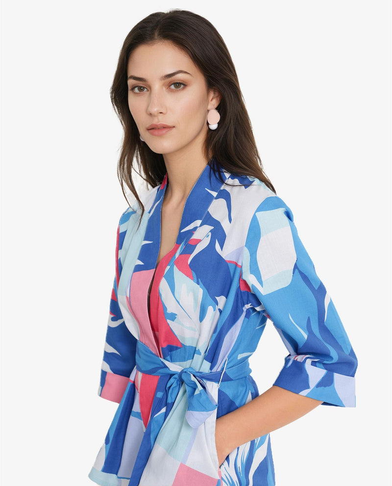 Rareism Women Zamo Blue 3/4Th Sleeve Over Lap Neck Abstract Print Top