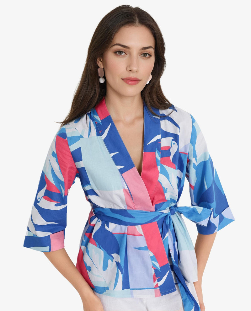 Rareism Women Zamo Blue 3/4Th Sleeve Over Lap Neck Abstract Print Top