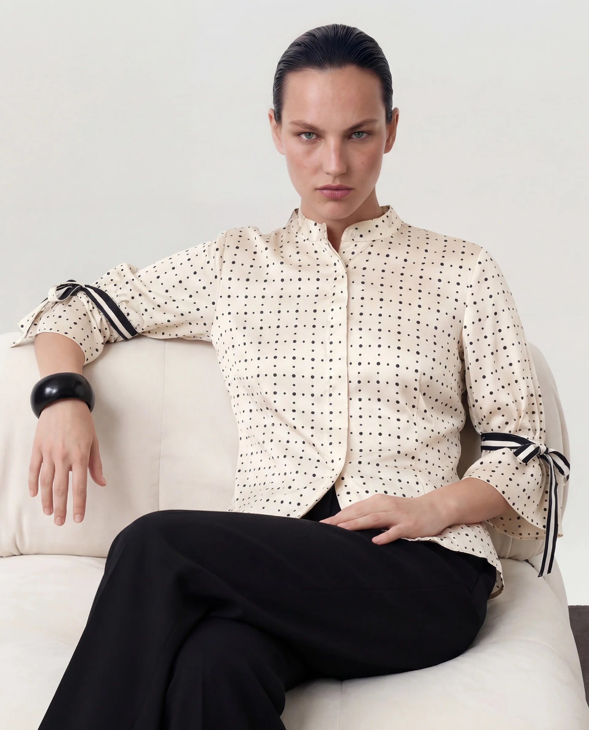 Rareism Women's Zanax Beige Polyester Mandarin Collar Polka Print Regular Fit Top