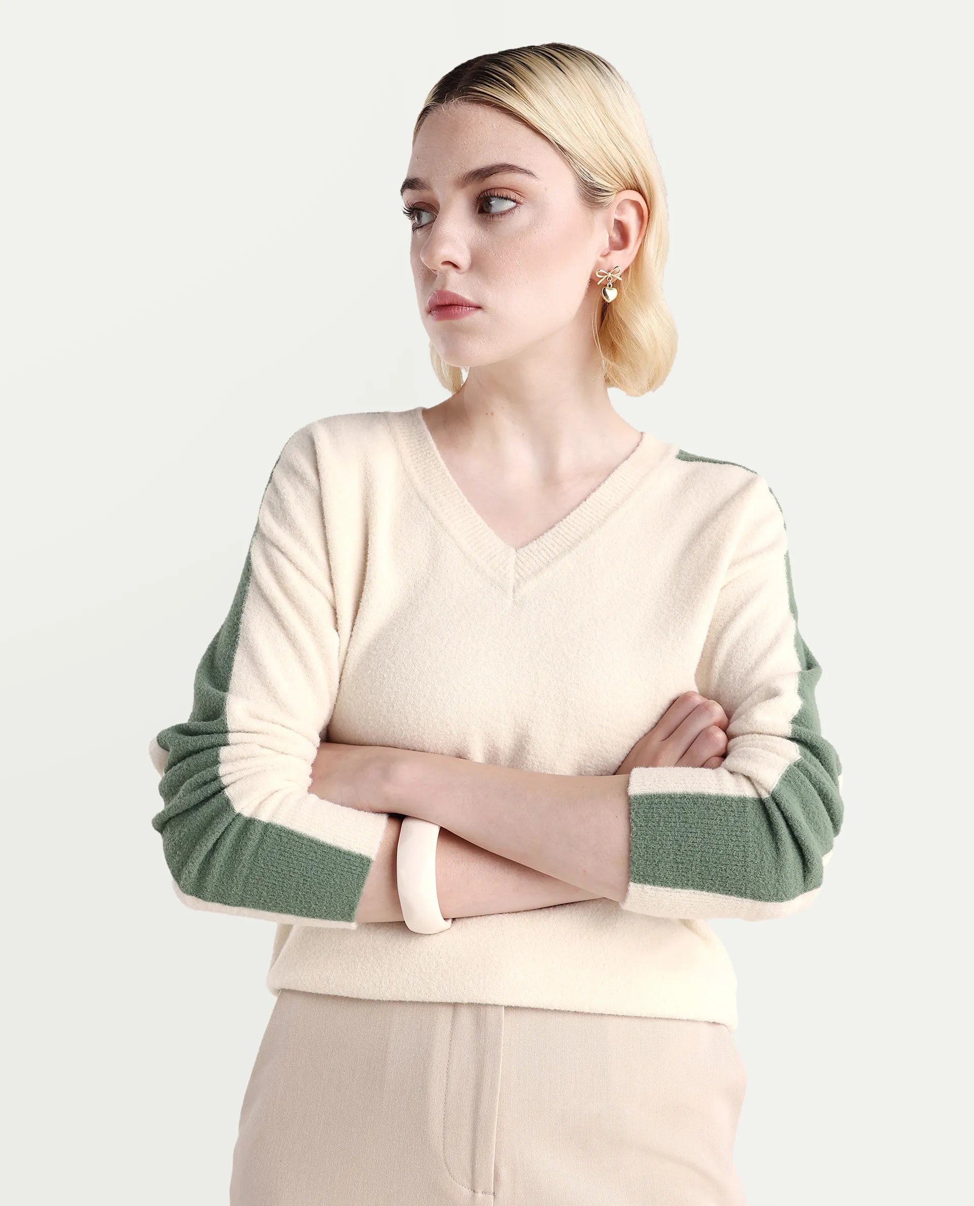 Rareism Women's Zander Off White Nylon V-Neck Relaxed Fit Plain Sweater