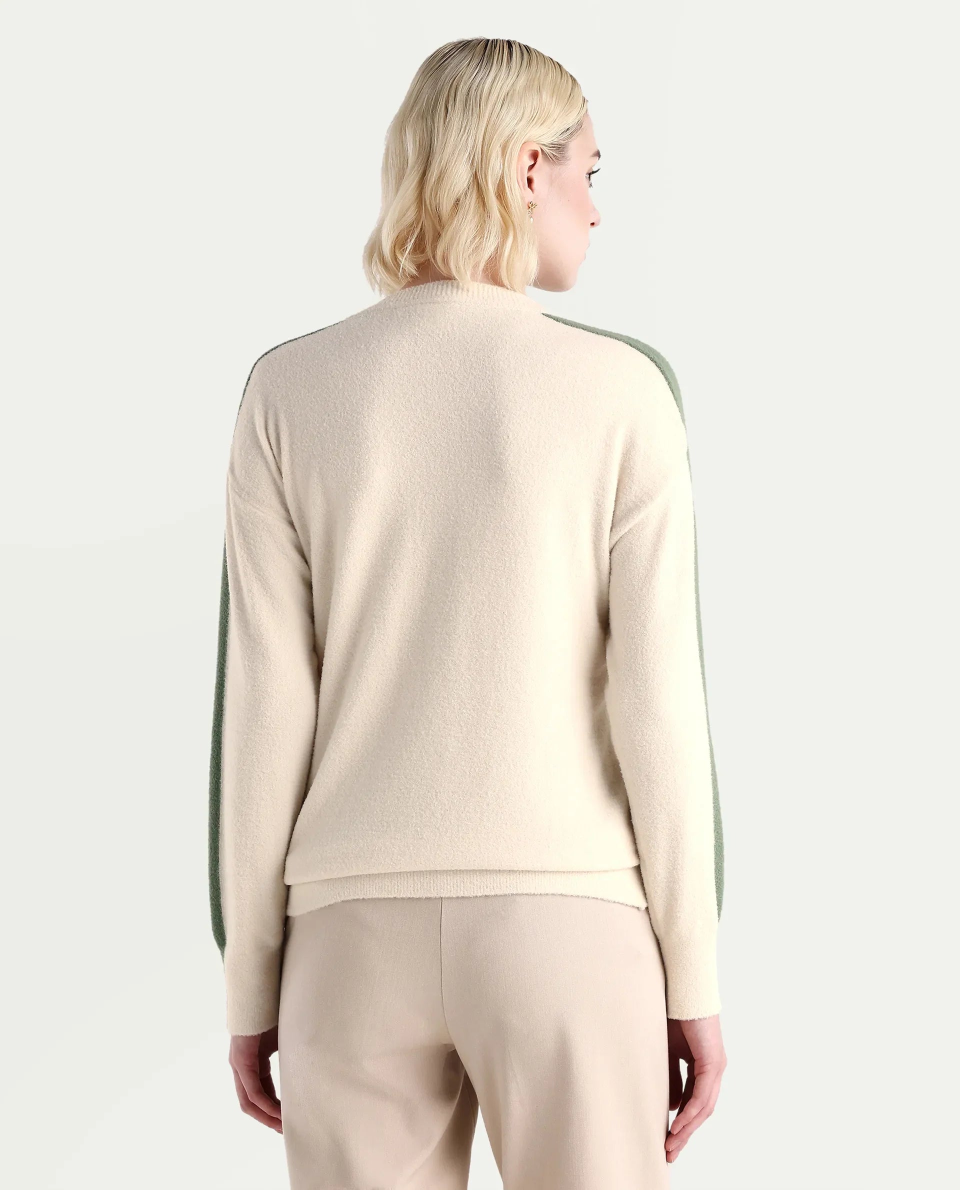 Rareism Women's Zander Off White Nylon V-Neck Relaxed Fit Plain Sweater