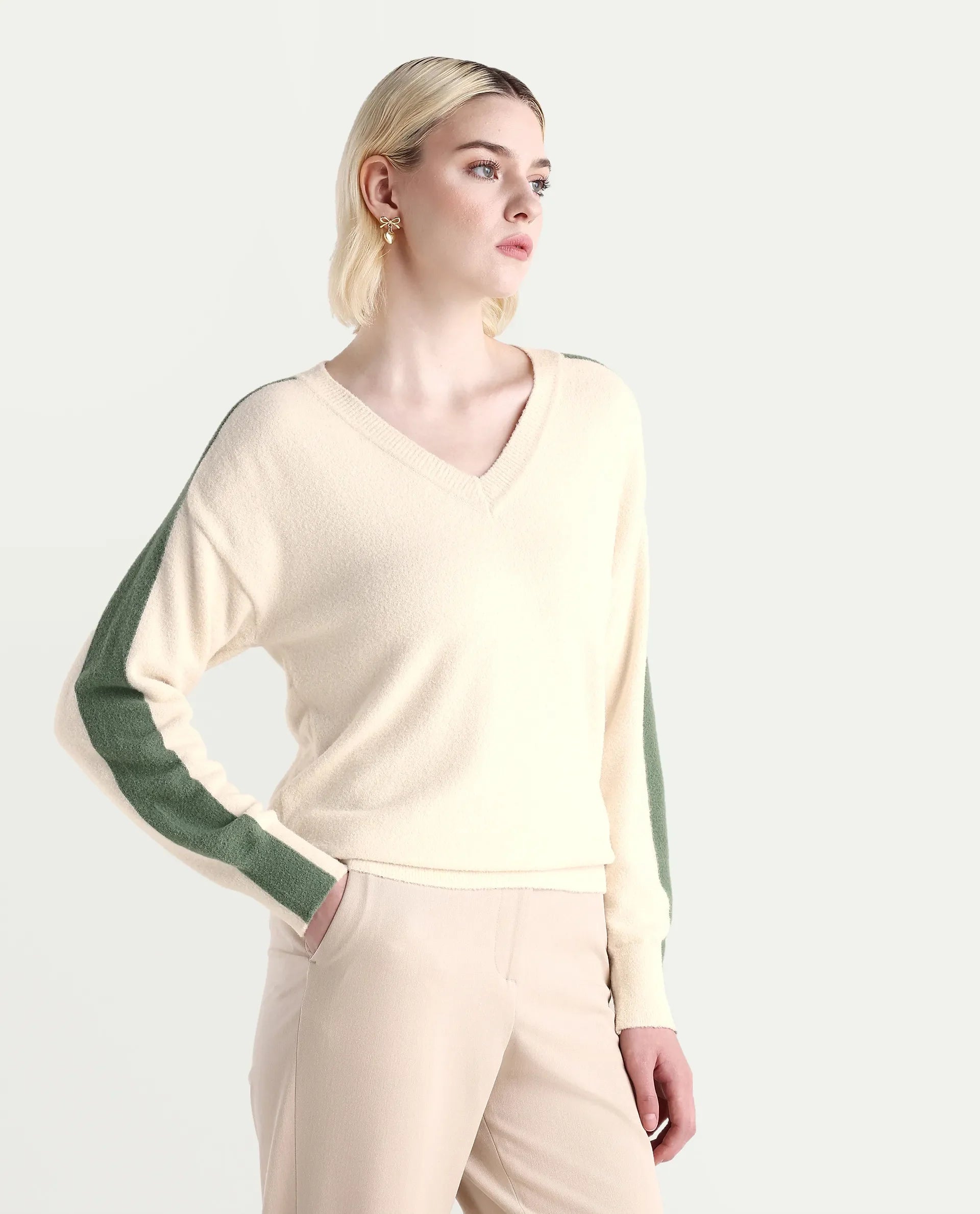 Rareism Women's Zander Off White Nylon V-Neck Relaxed Fit Plain Sweater