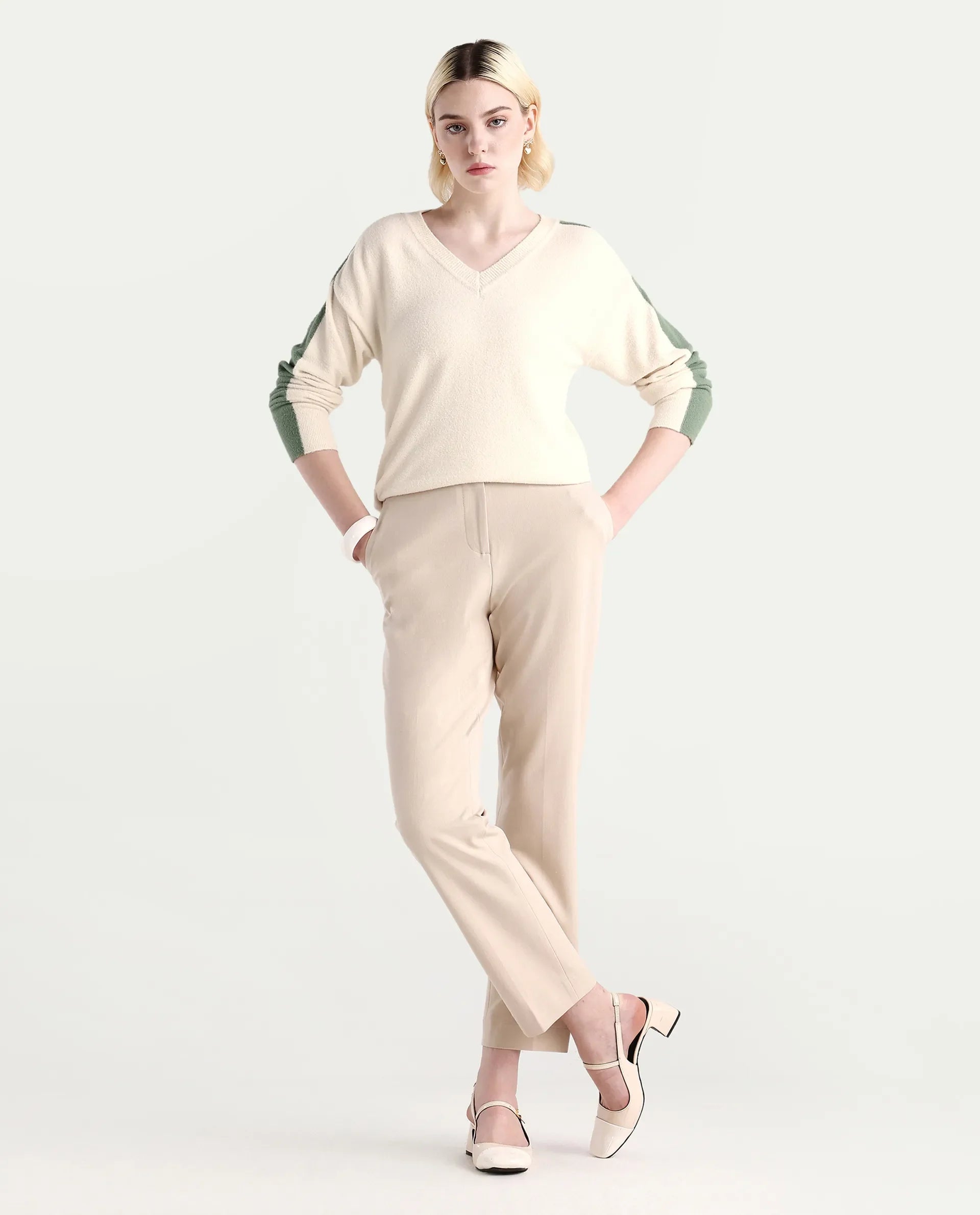 Rareism Women's Zander Off White Nylon V-Neck Relaxed Fit Plain Sweater