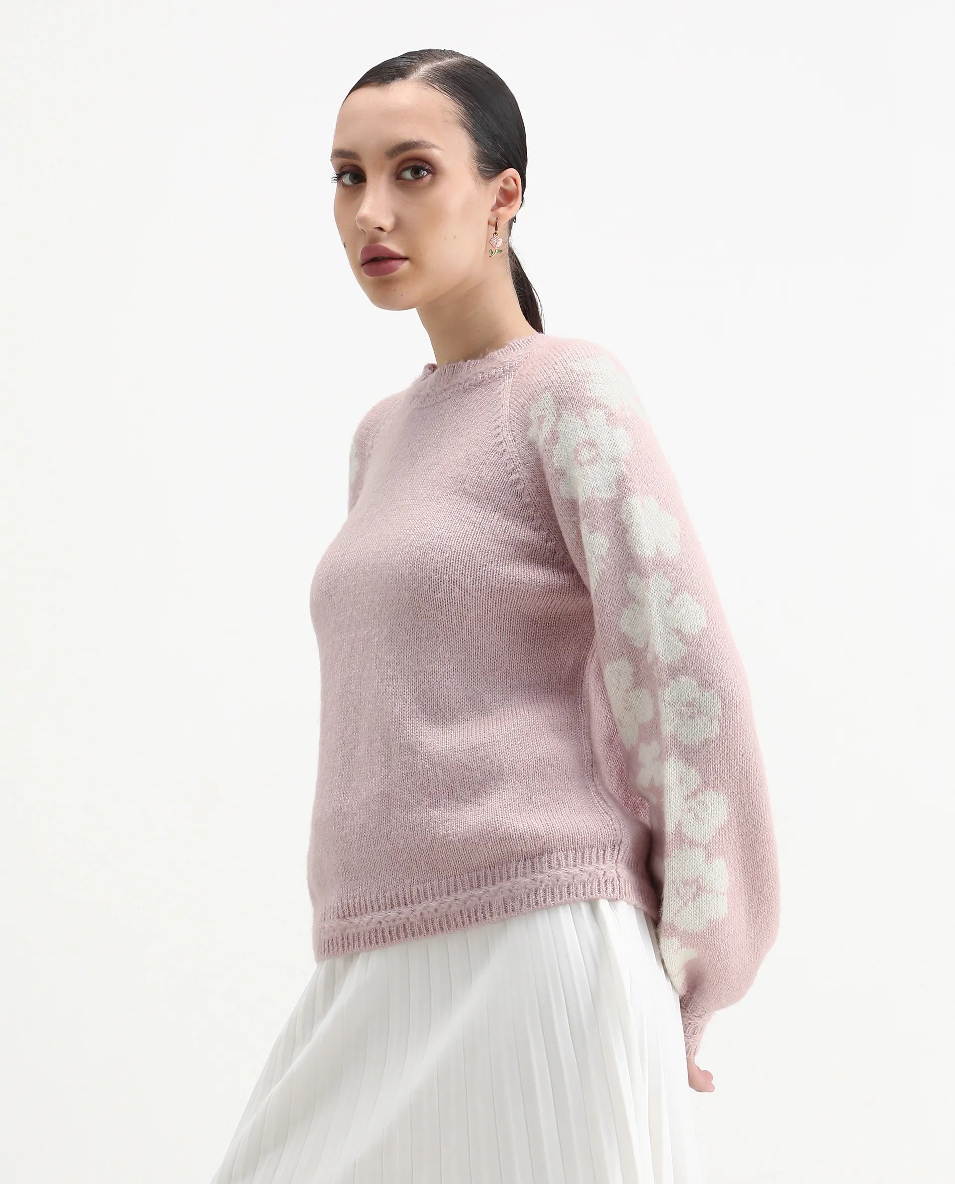 Rareism Women's Zane Light Pink Acrylic Blend Crew Neck Regular Fit Sweater