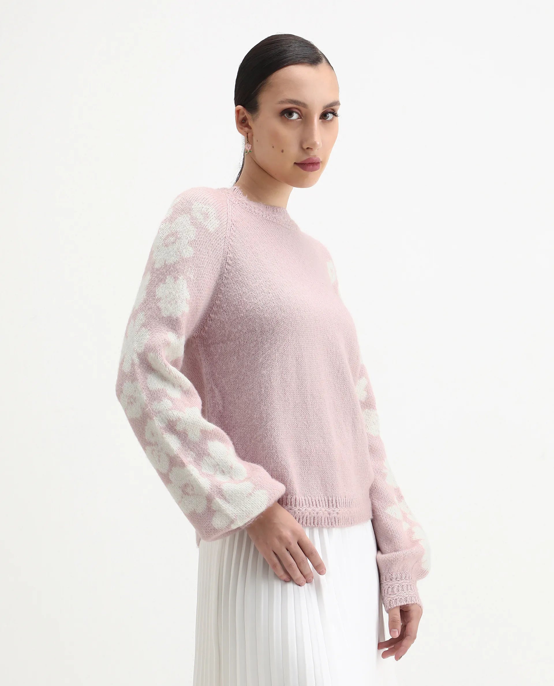 Rareism Women's Zane Light Pink Acrylic Blend Crew Neck Regular Fit Sweater