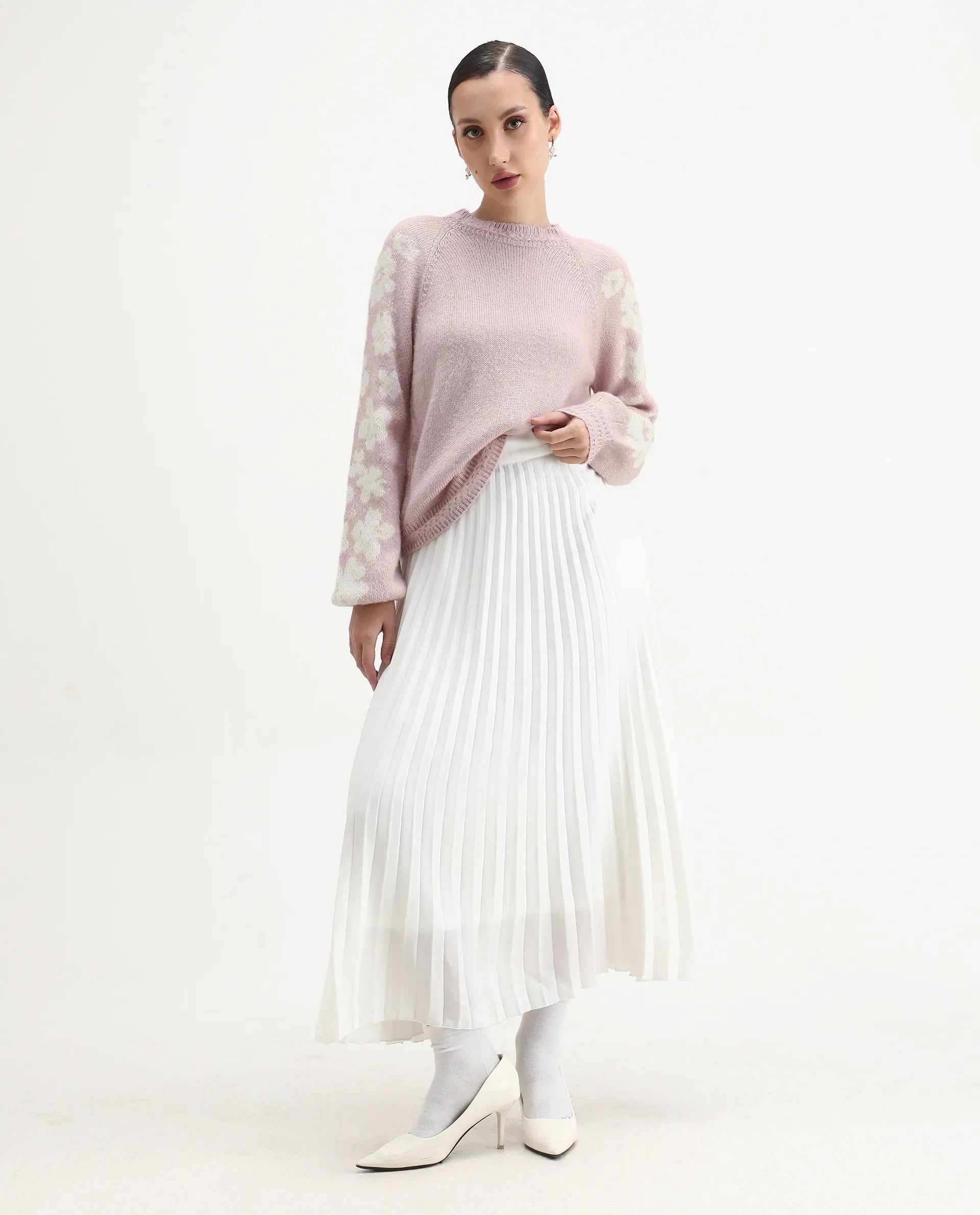 Rareism Women's Zane Light Pink Acrylic Blend Crew Neck Regular Fit Sweater