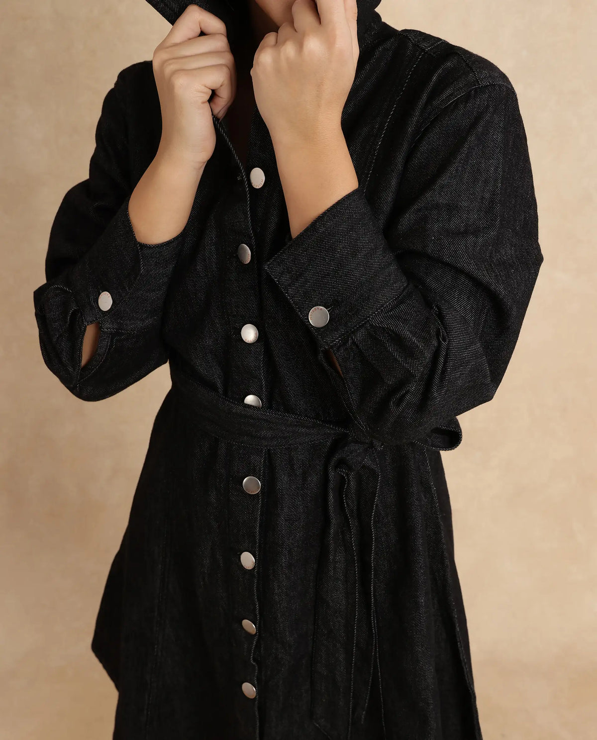 Rareism Women Zang Black Cotton Fabric Full Sleeve Collared Neck A-line Fit Plain Denim Shirt Dress
