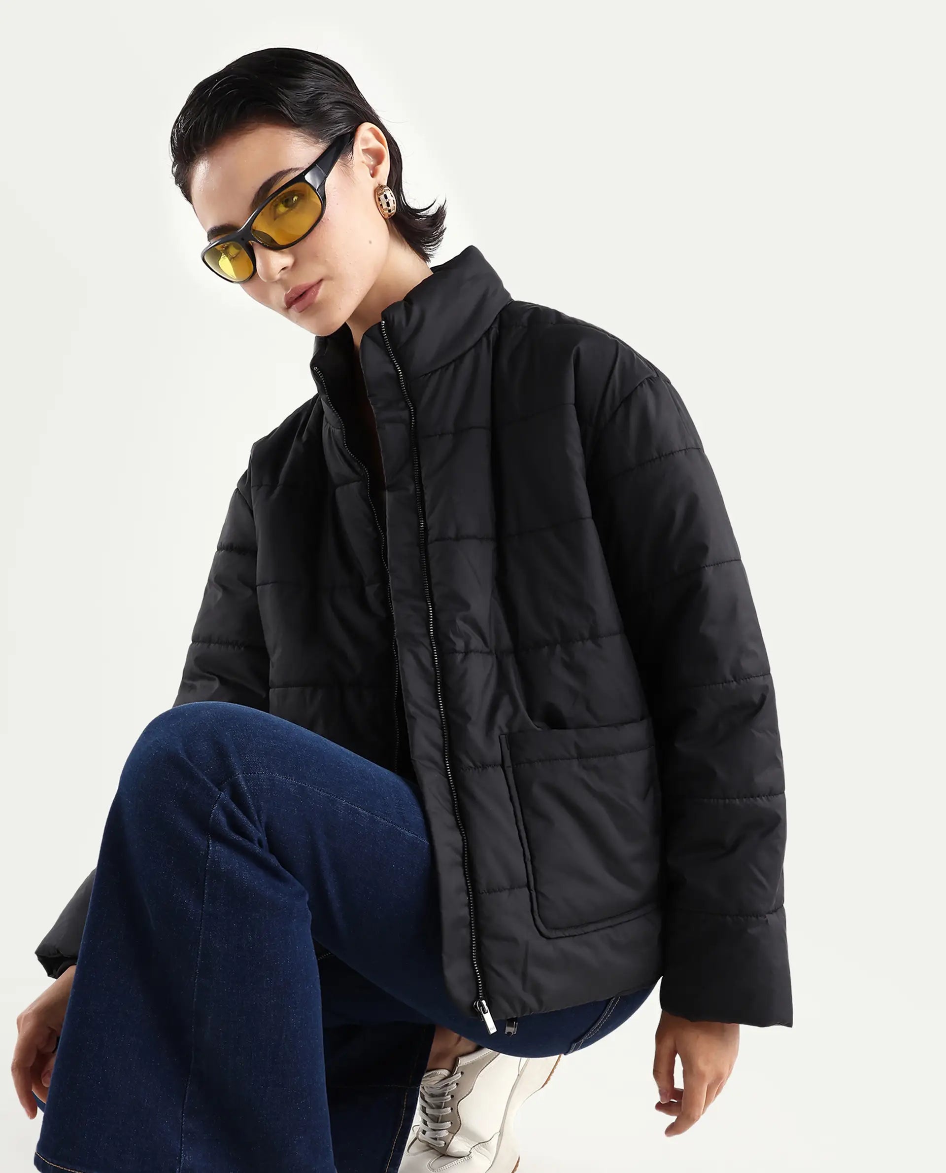 Rareism Women's Zapel Black Polyester Round Collar Boxy Plain Jacket