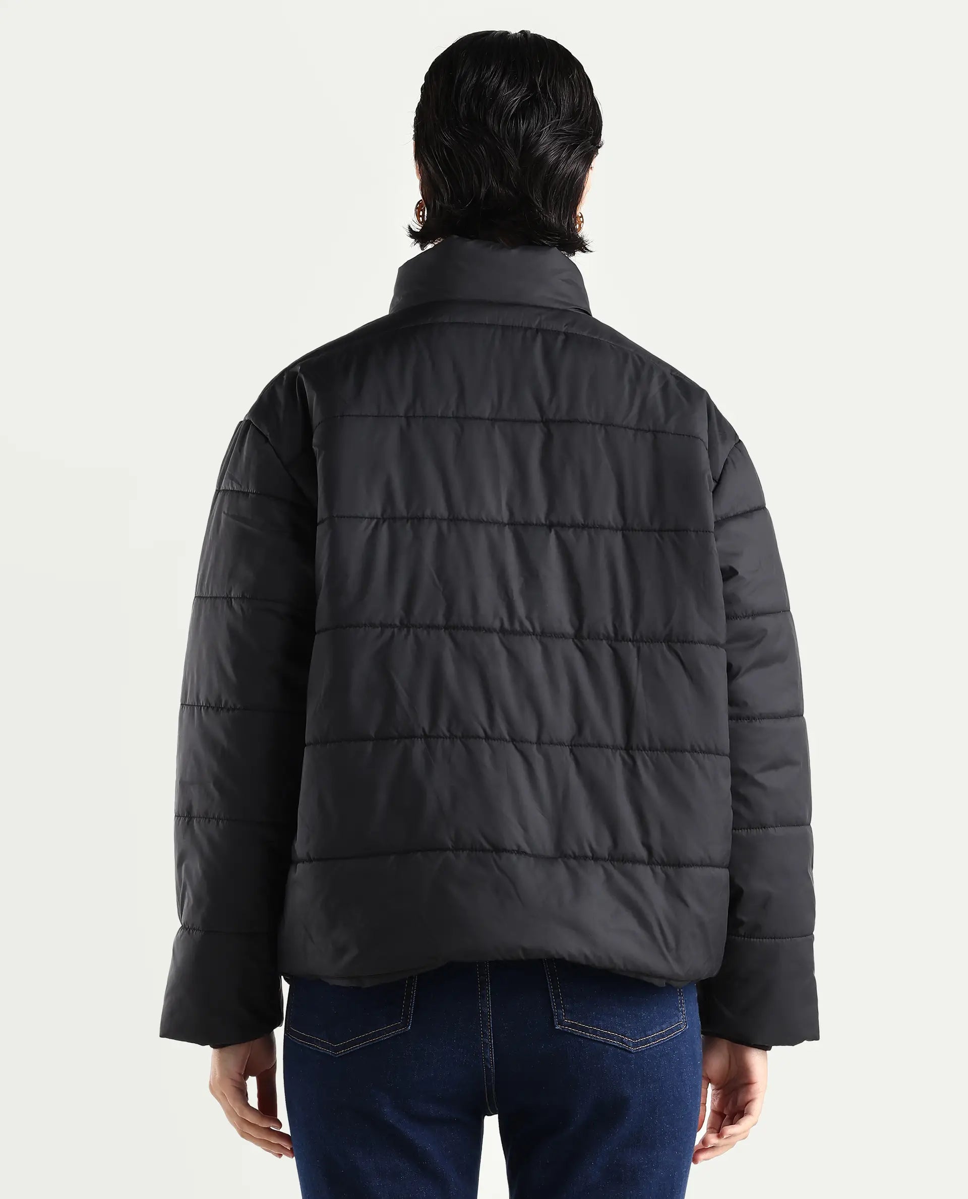 Rareism Women's Zapel Black Polyester Round Collar Boxy Plain Jacket