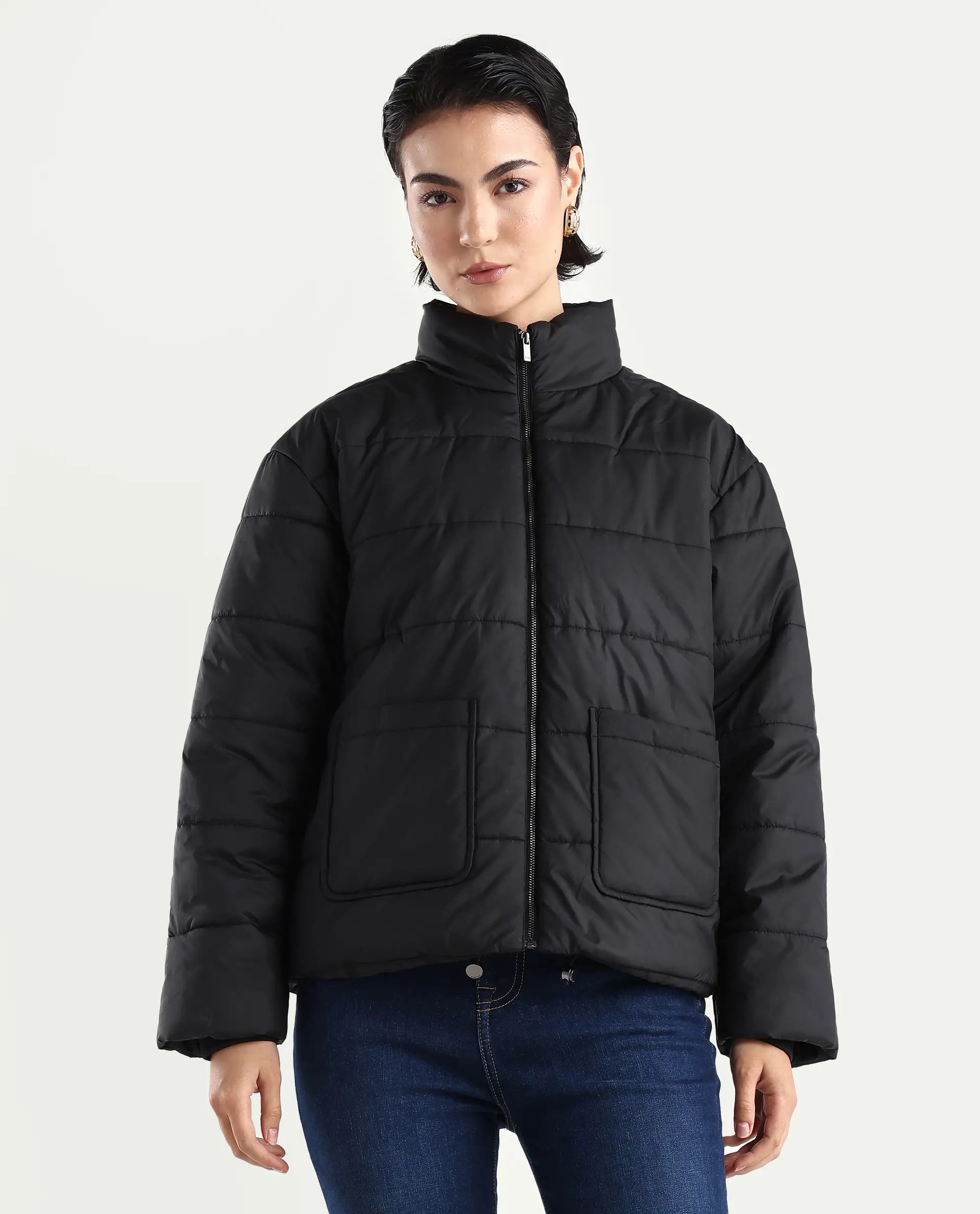 Rareism Women's Zapel Black Polyester Round Collar Boxy Plain Jacket