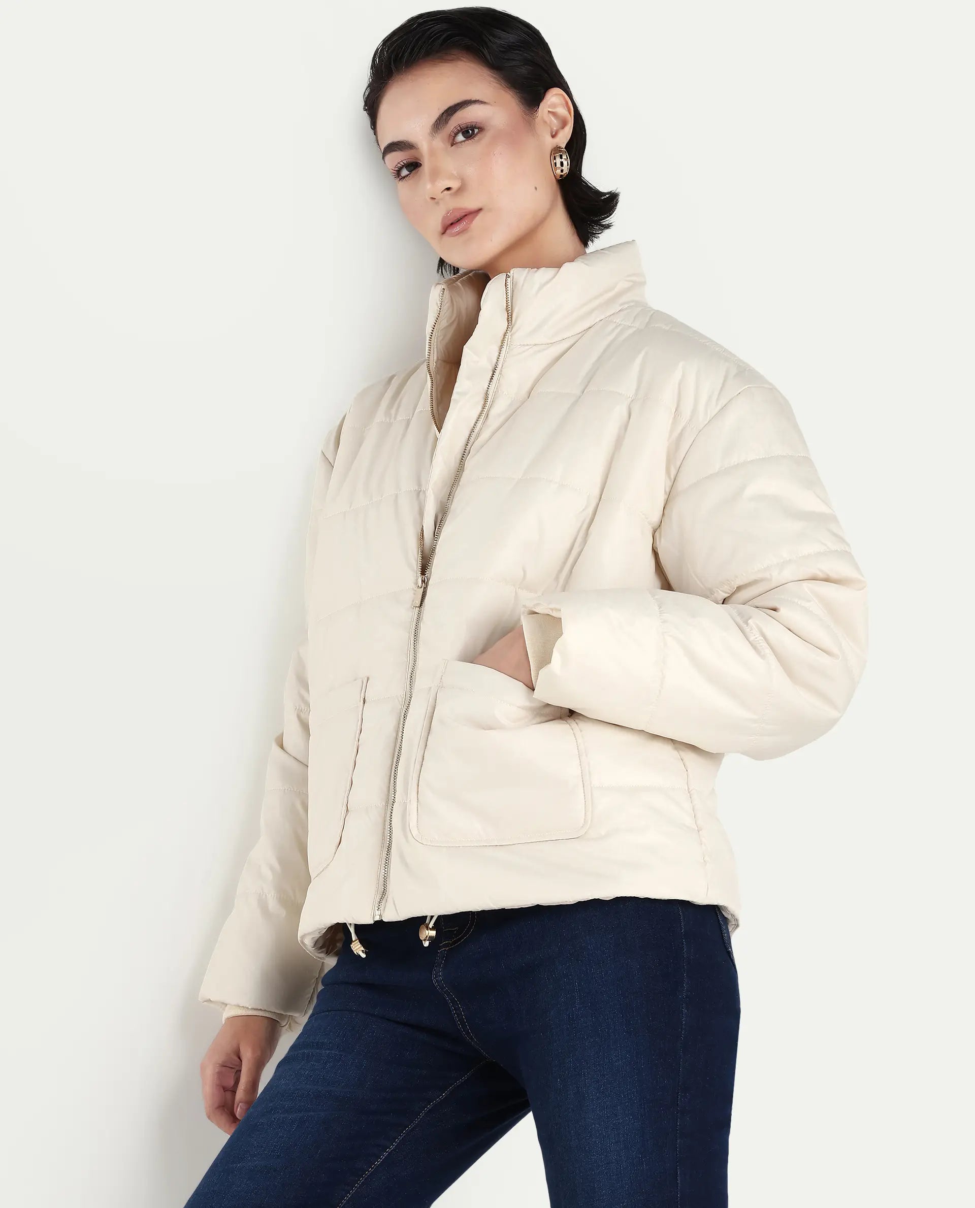 Rareism Women's Zapel Off White Polyester Round Collar Boxy Plain Jacket