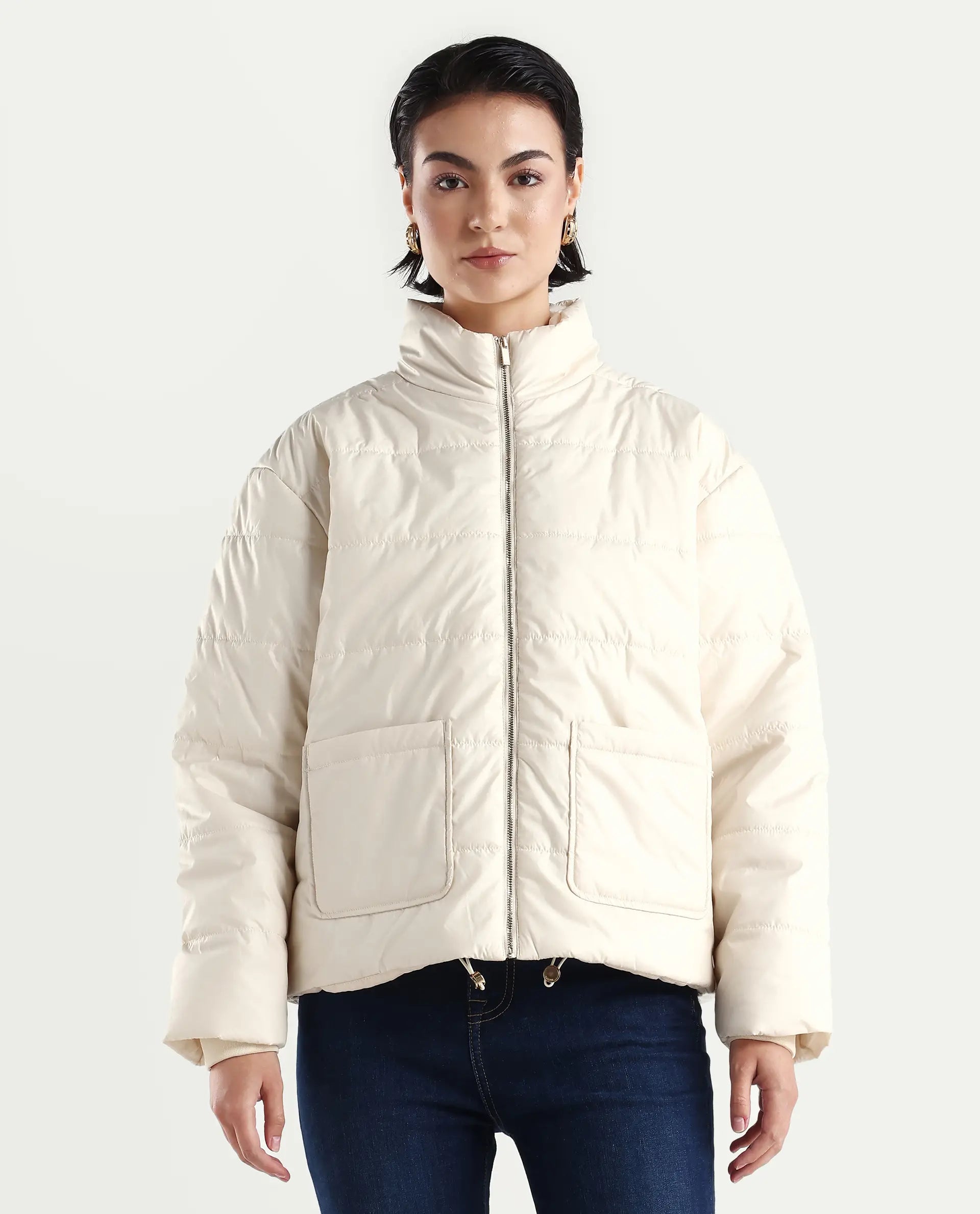 Rareism Women's Zapel Off White Polyester Round Collar Boxy Plain Jacket