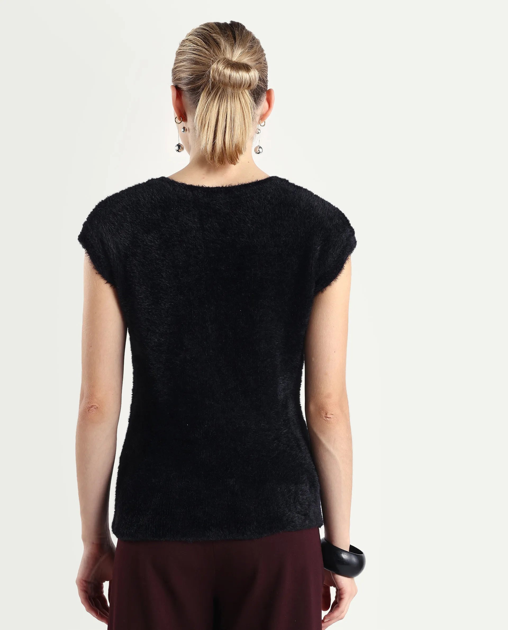 Rareism Women's Zarc-T Black Nylon High Neck Regular Fit Plain Top