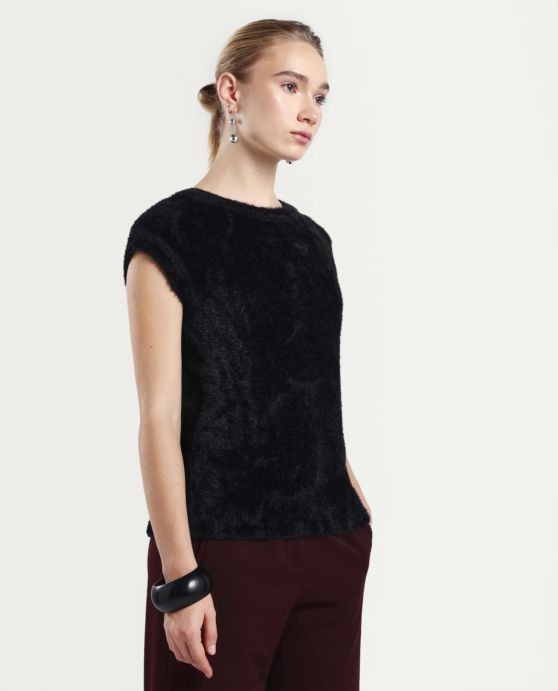 Rareism Women's Zarc-T Black Nylon High Neck Regular Fit Plain Top