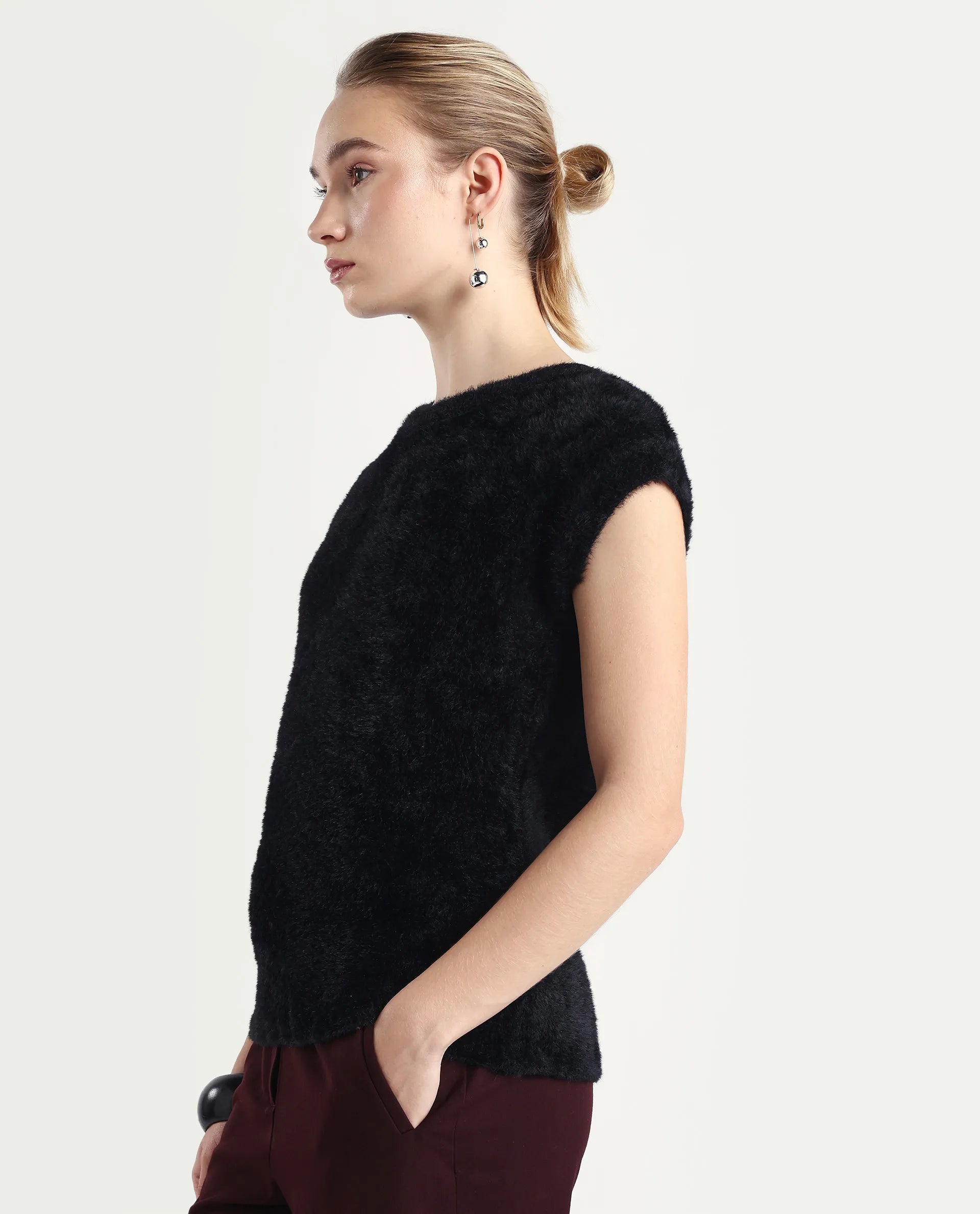 Rareism Women's Zarc-T Black Nylon High Neck Regular Fit Plain Top