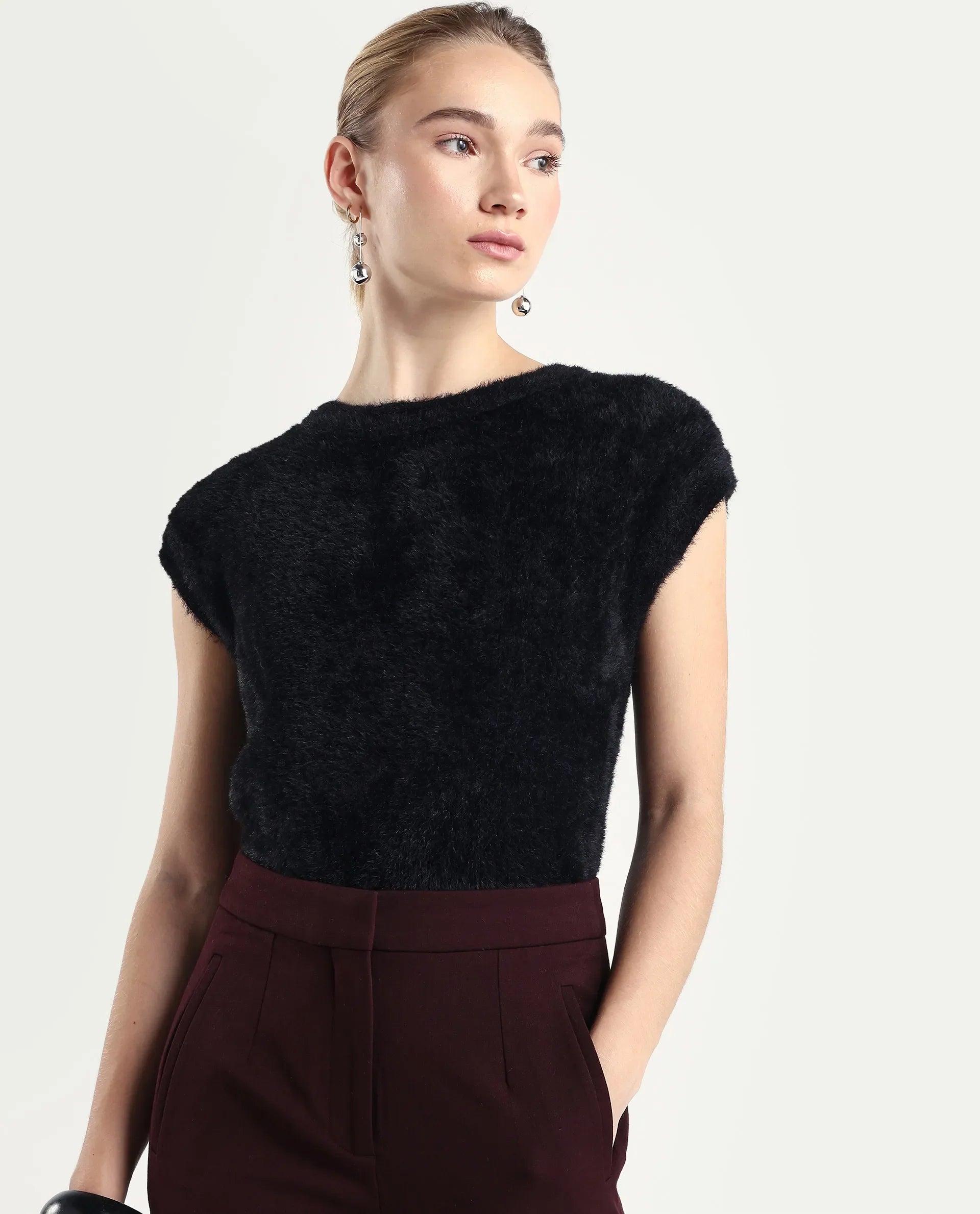 Rareism Women's Zarc-T Black Nylon High Neck Regular Fit Plain Top