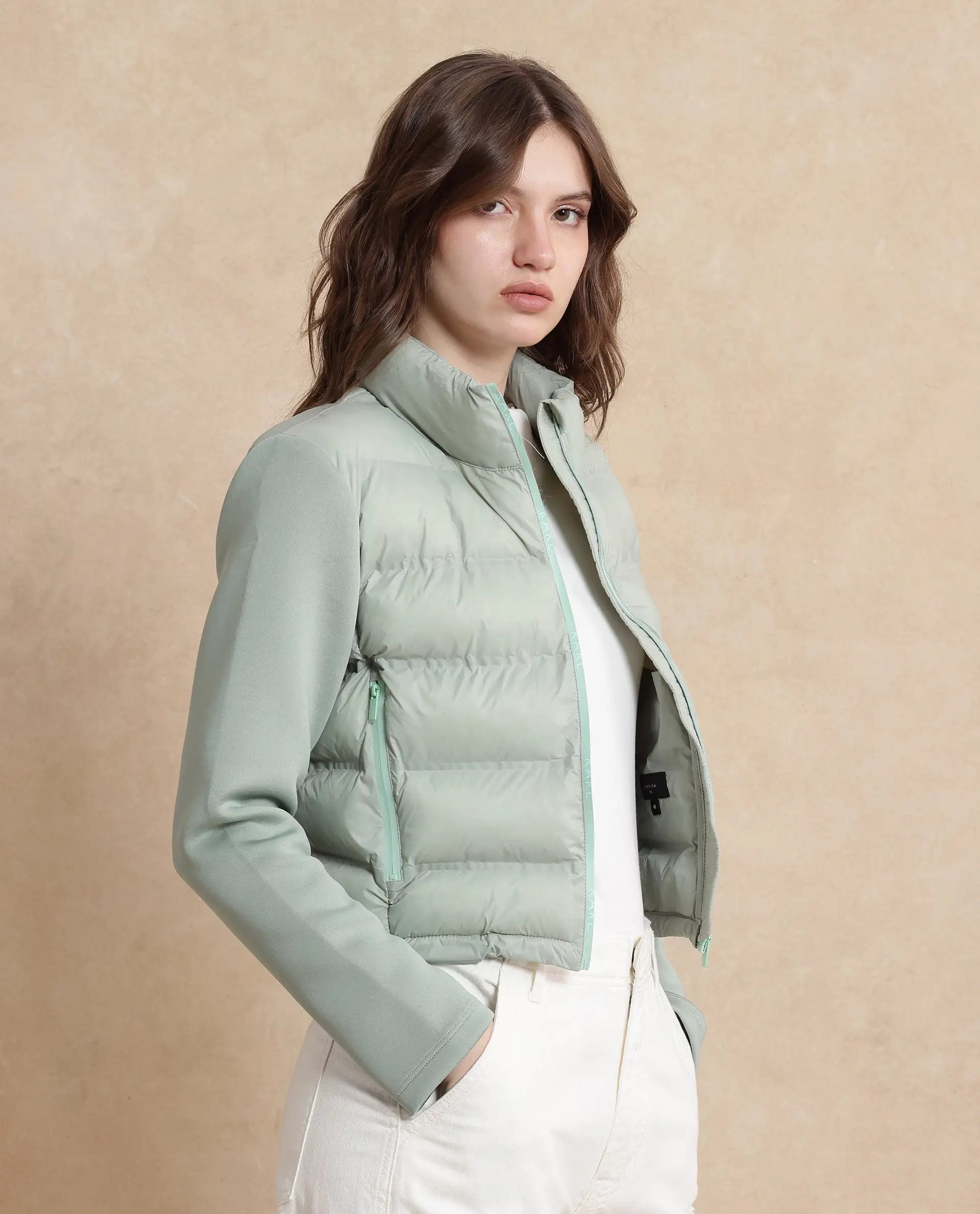 Rareism Women Zarcro Light Green Full Sleeve Stand Collar Zipper Closure Plain Jacket