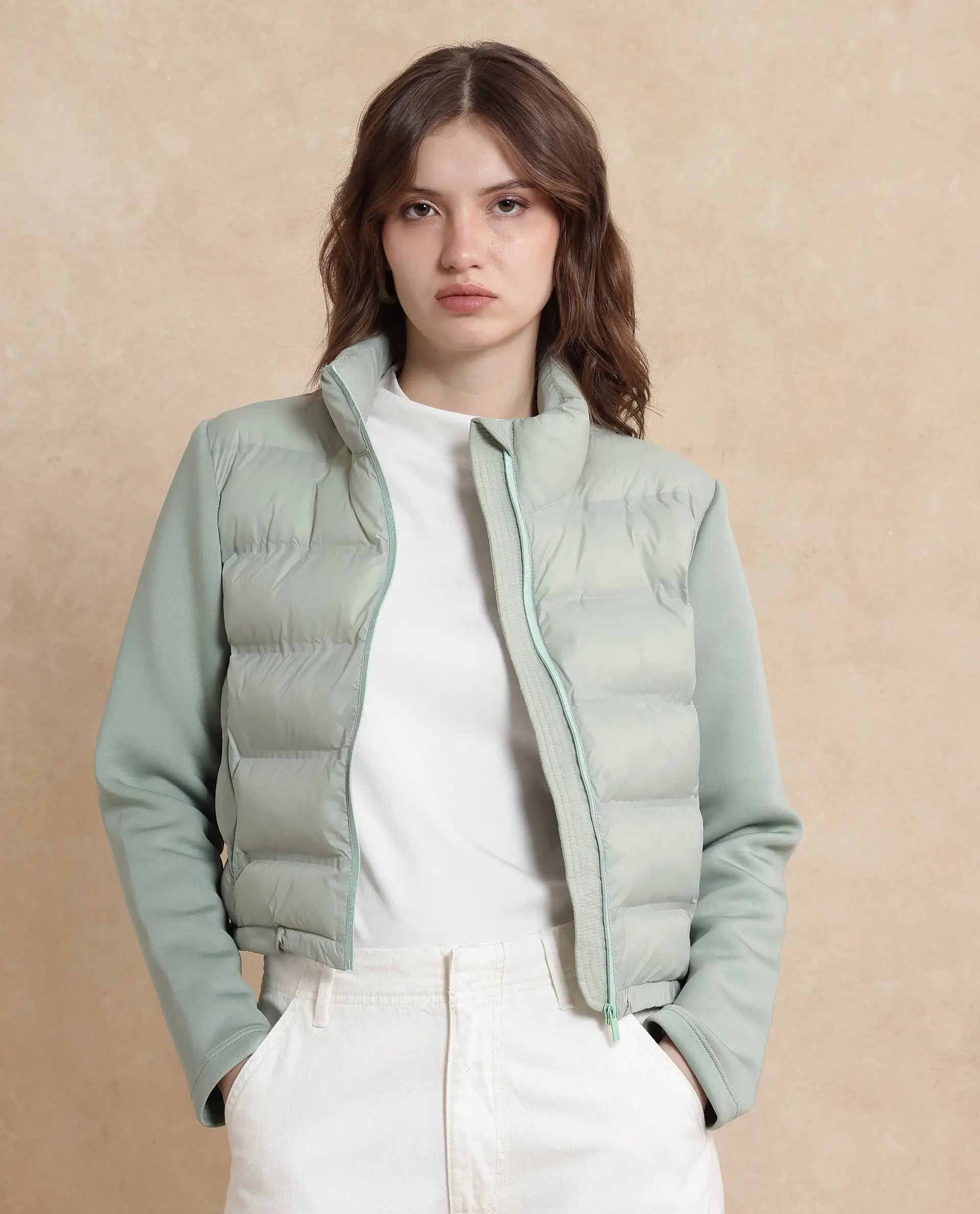 Rareism Women Zarcro Light Green Full Sleeve Stand Collar Zipper Closure Plain Jacket