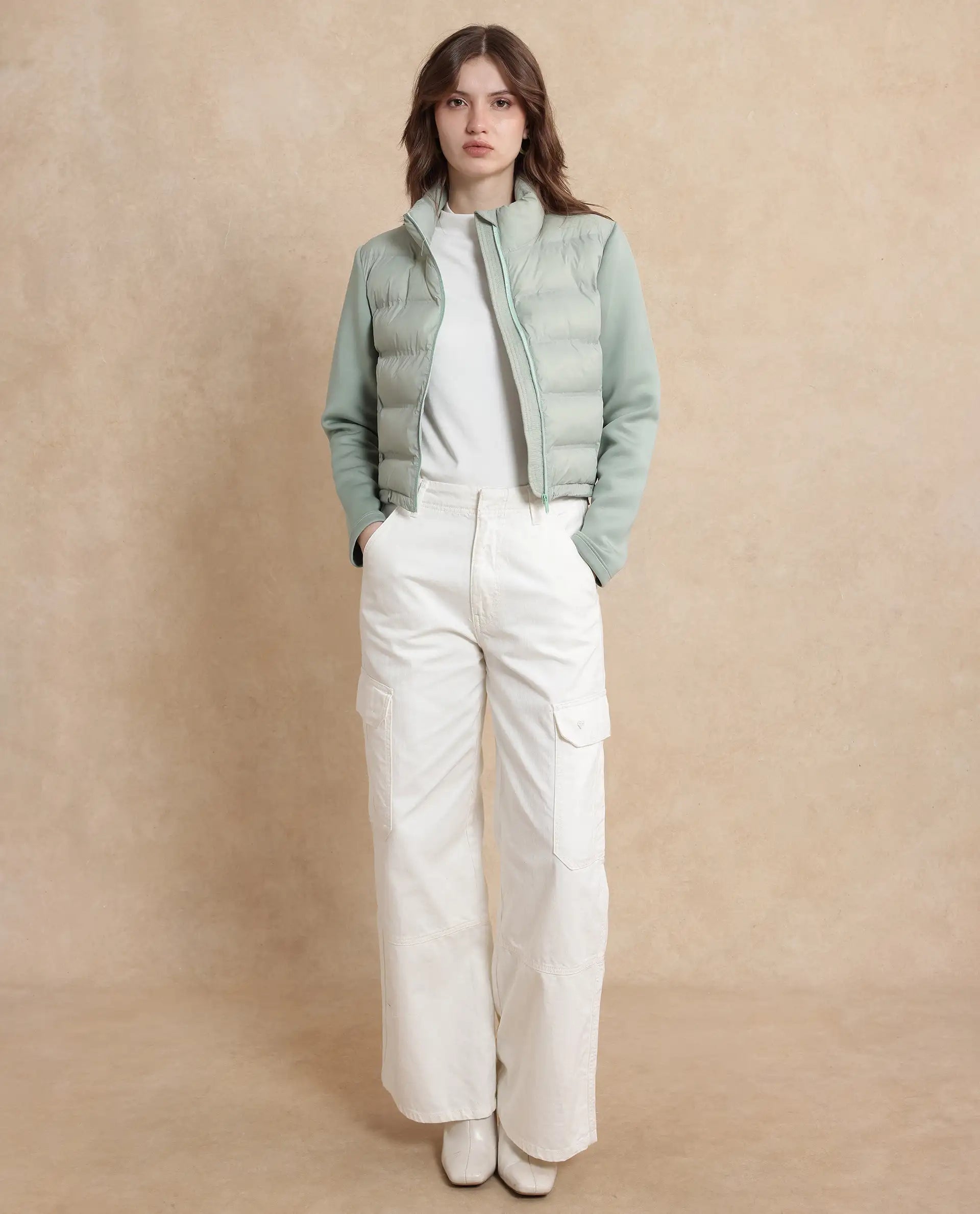 Rareism Women Zarcro Light Green Full Sleeve Stand Collar Zipper Closure Plain Jacket