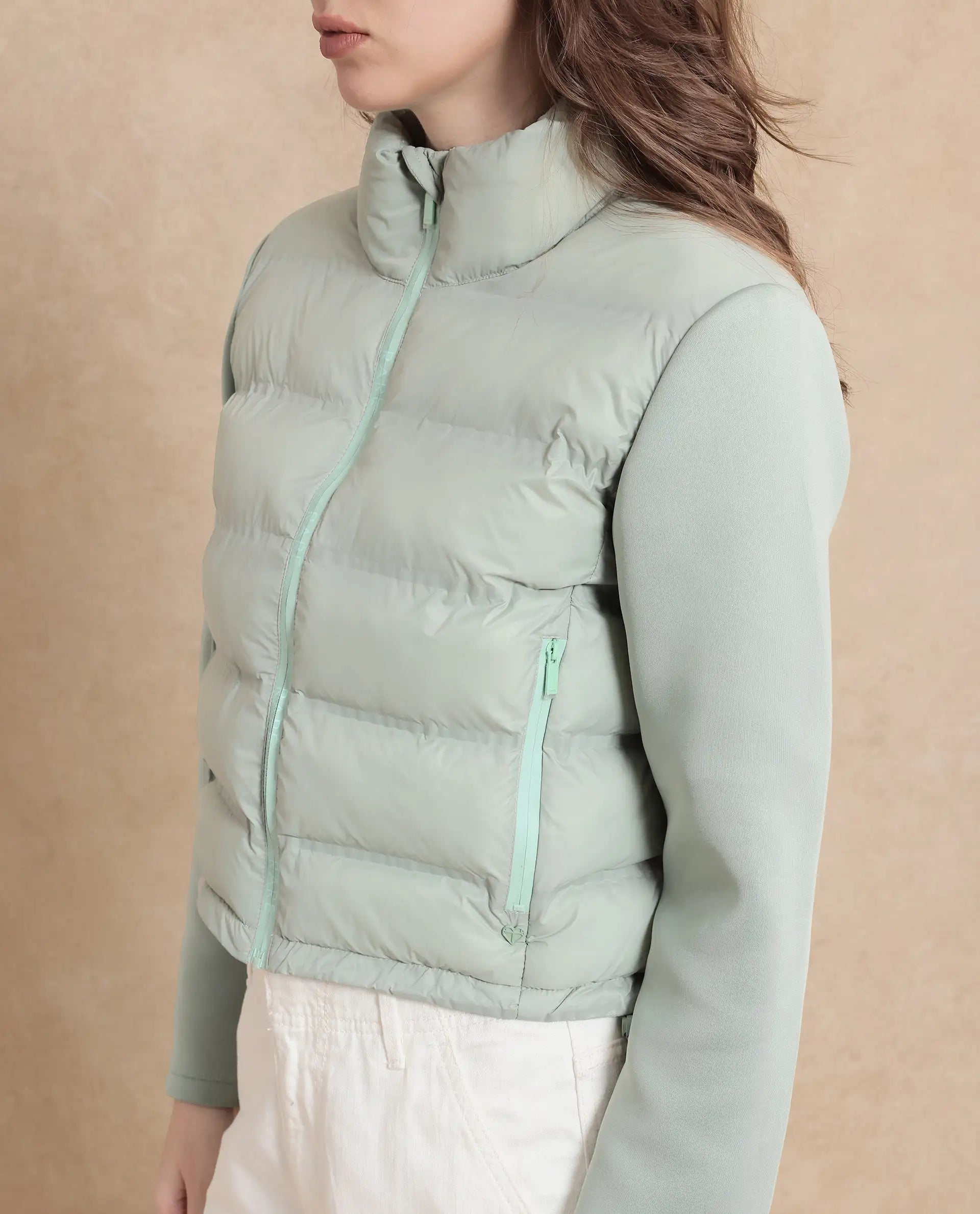 Rareism Women Zarcro Light Green Full Sleeve Stand Collar Zipper Closure Plain Jacket