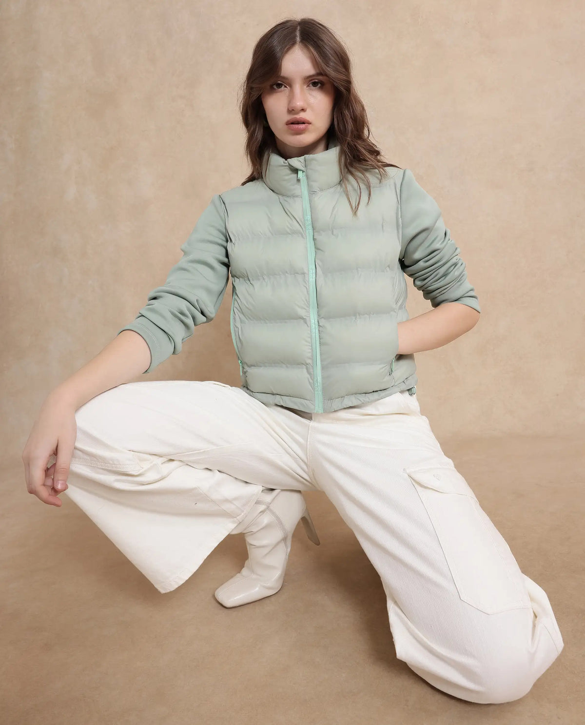Rareism Women Zarcro Light Green Full Sleeve Stand Collar Zipper Closure Plain Jacket