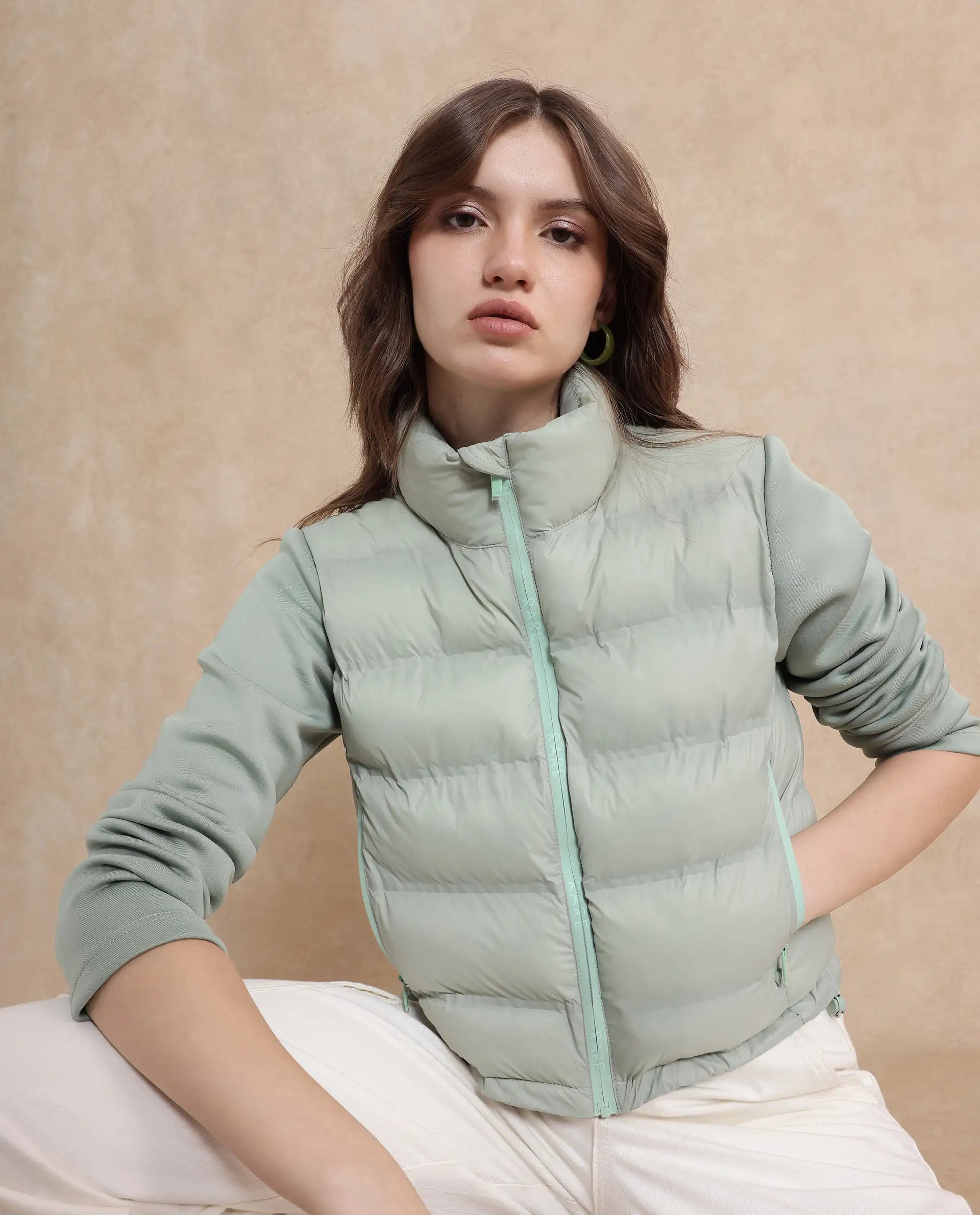 Rareism Women Zarcro Light Green Full Sleeve Stand Collar Zipper Closure Plain Jacket