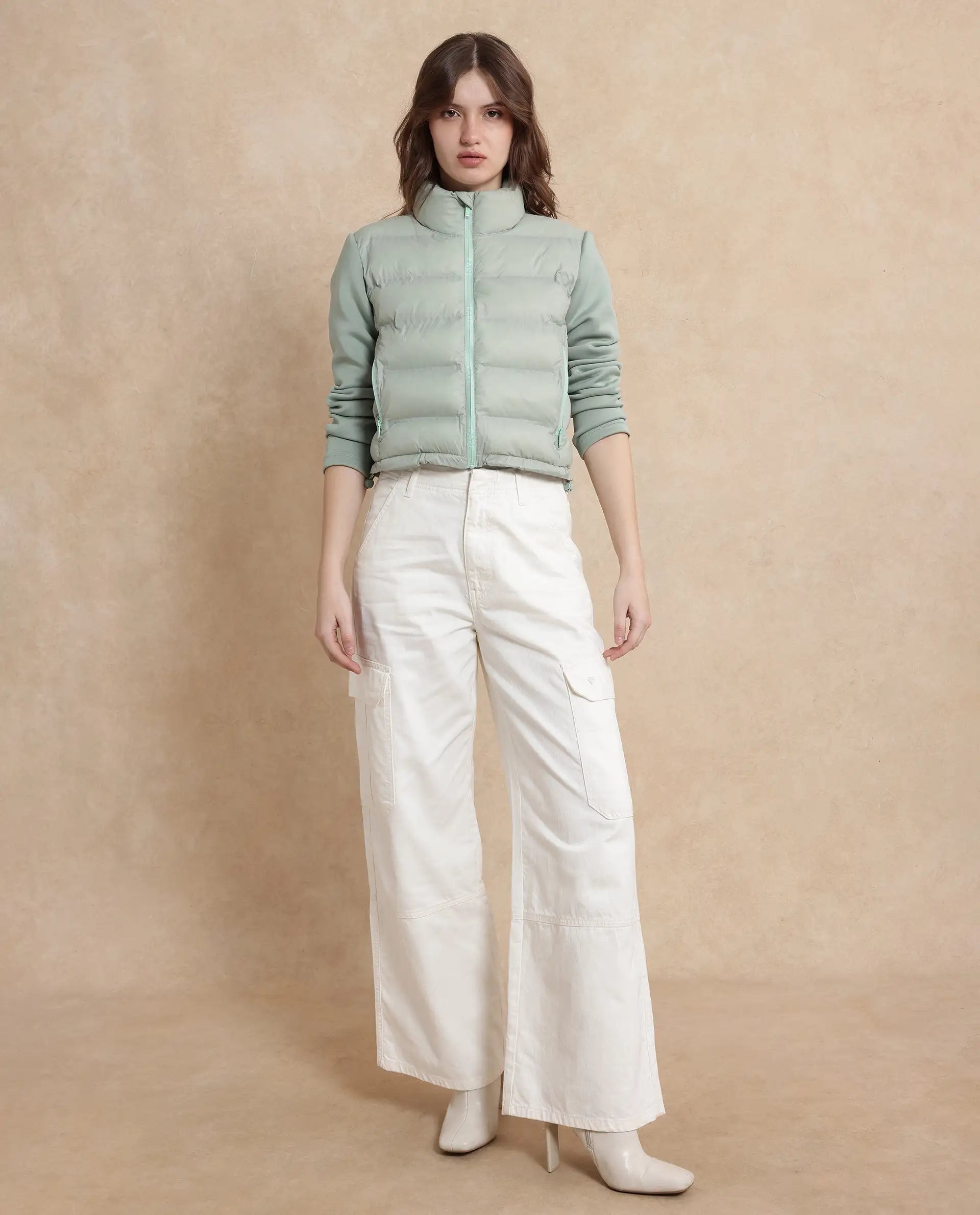 Rareism Women Zarcro Light Green Full Sleeve Stand Collar Zipper Closure Plain Jacket