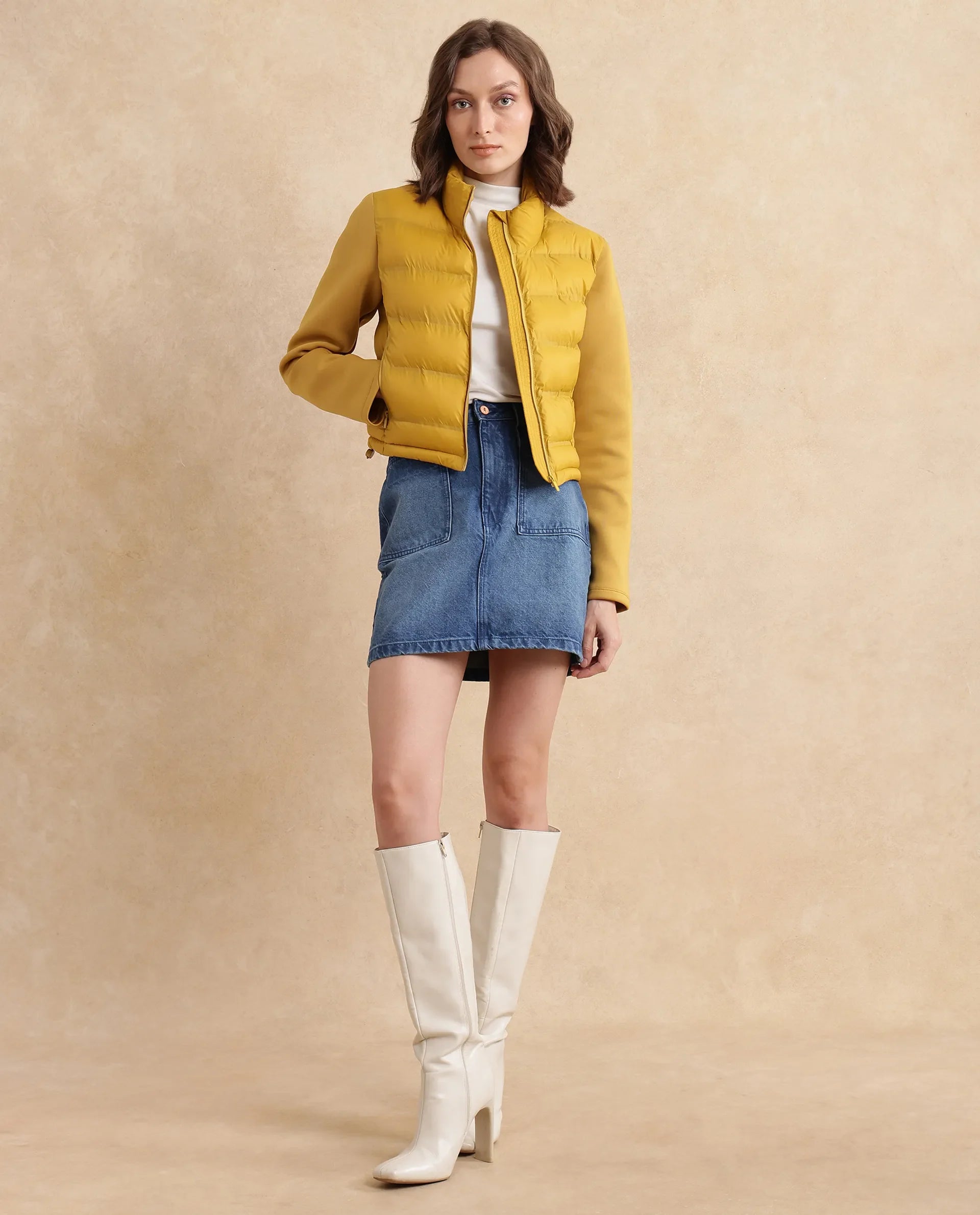 Rareism Women Zarcro Yellow Full Sleeve Stand Collar Zipper Closure Plain Jacket